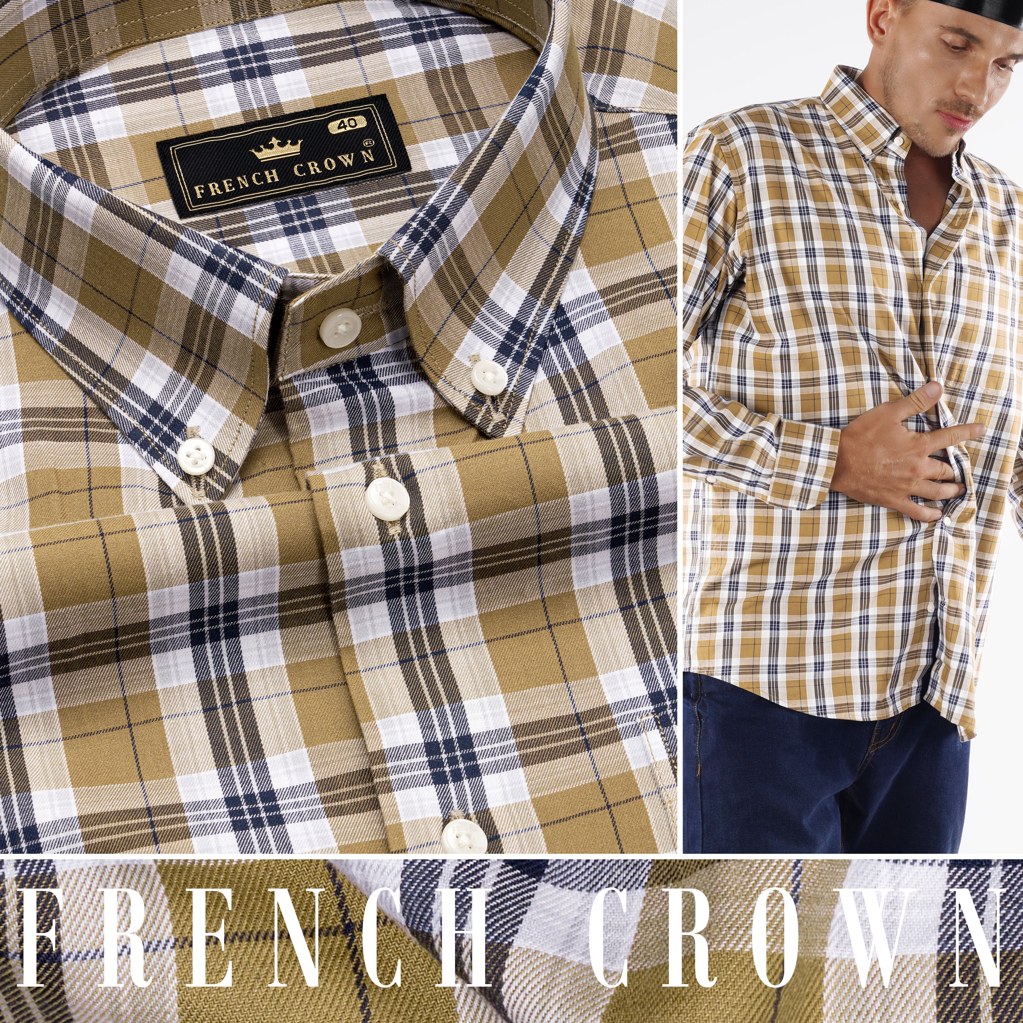 Driftwood Brown and Haiti Blue Twill Checkered Premium Cotton Shirt
