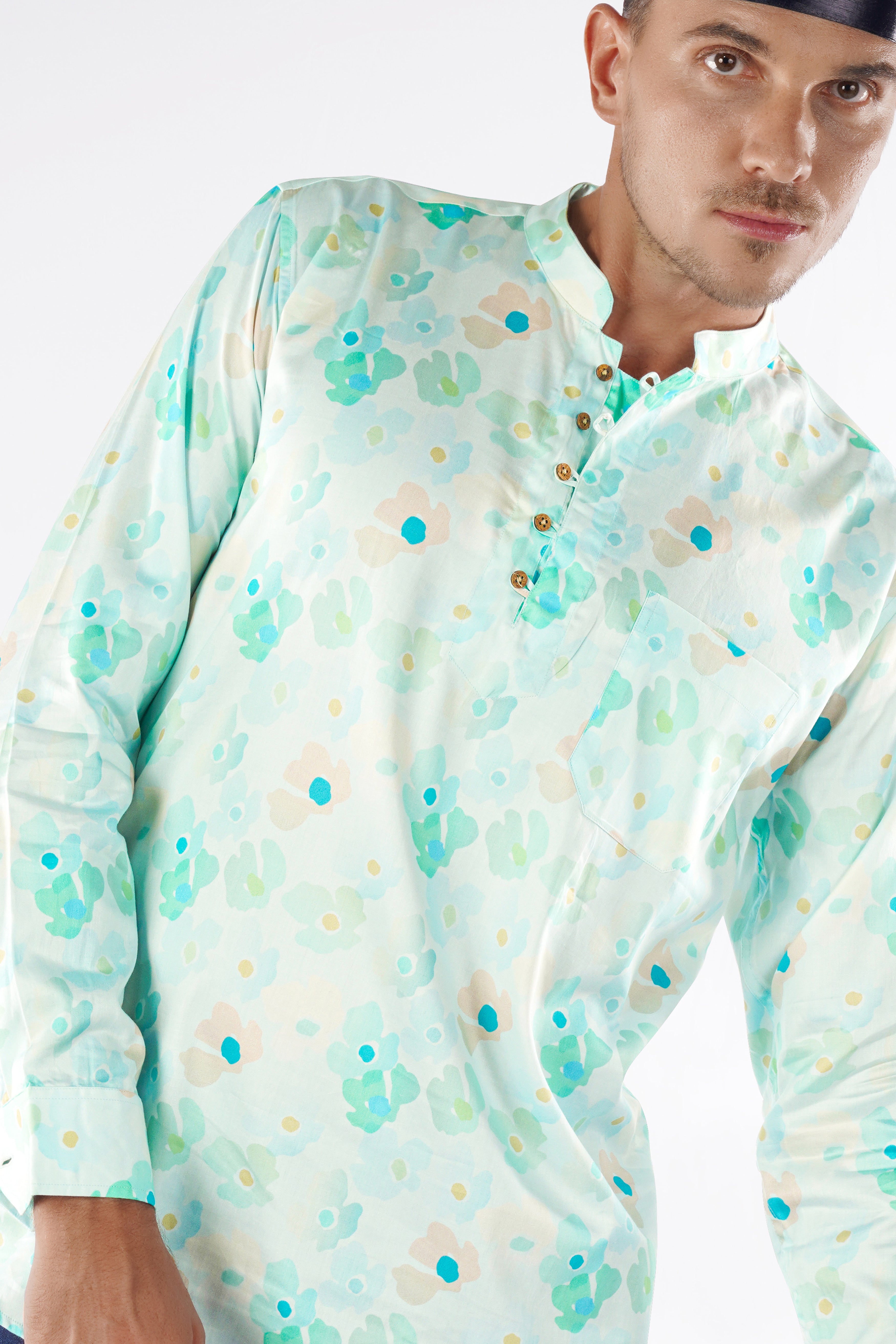 Periglacial Green with Aqua Blue Printed Super Soft Premium Cotton Kurta Shirt