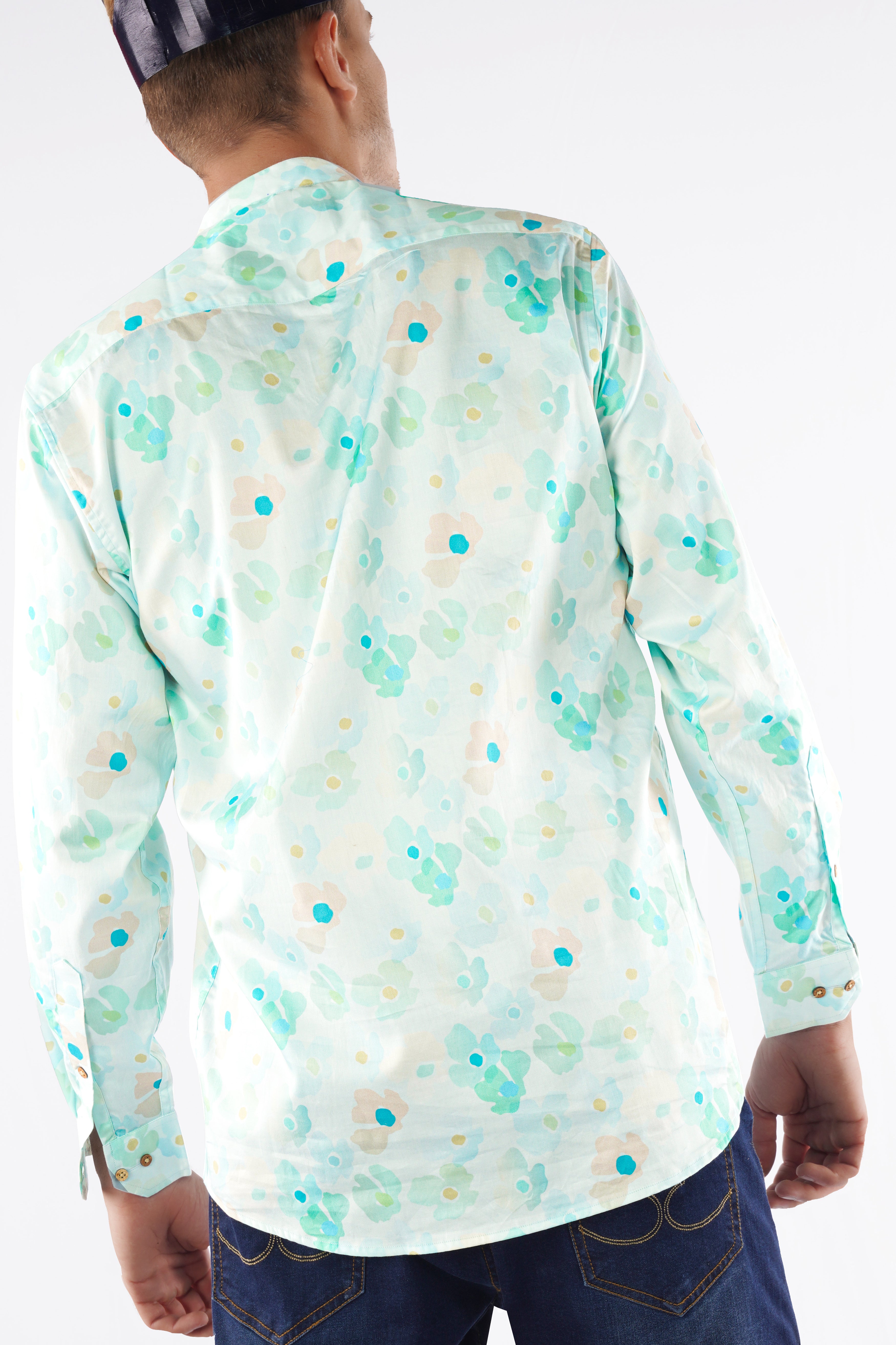 Periglacial Green with Aqua Blue Printed Super Soft Premium Cotton Kurta Shirt
