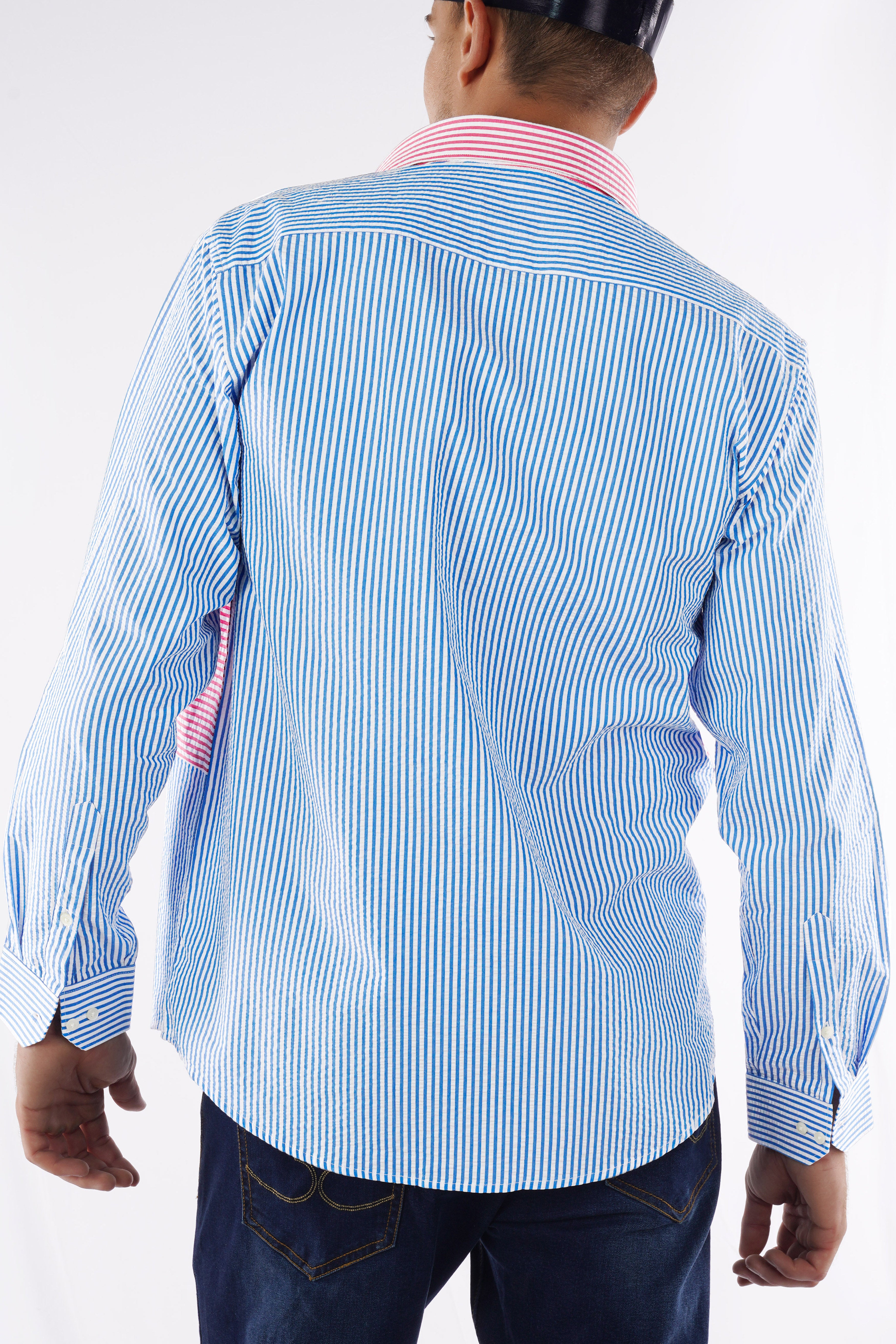 Glacial Blue with White and Thulian Pink Striped Seersucker Designer Shirt