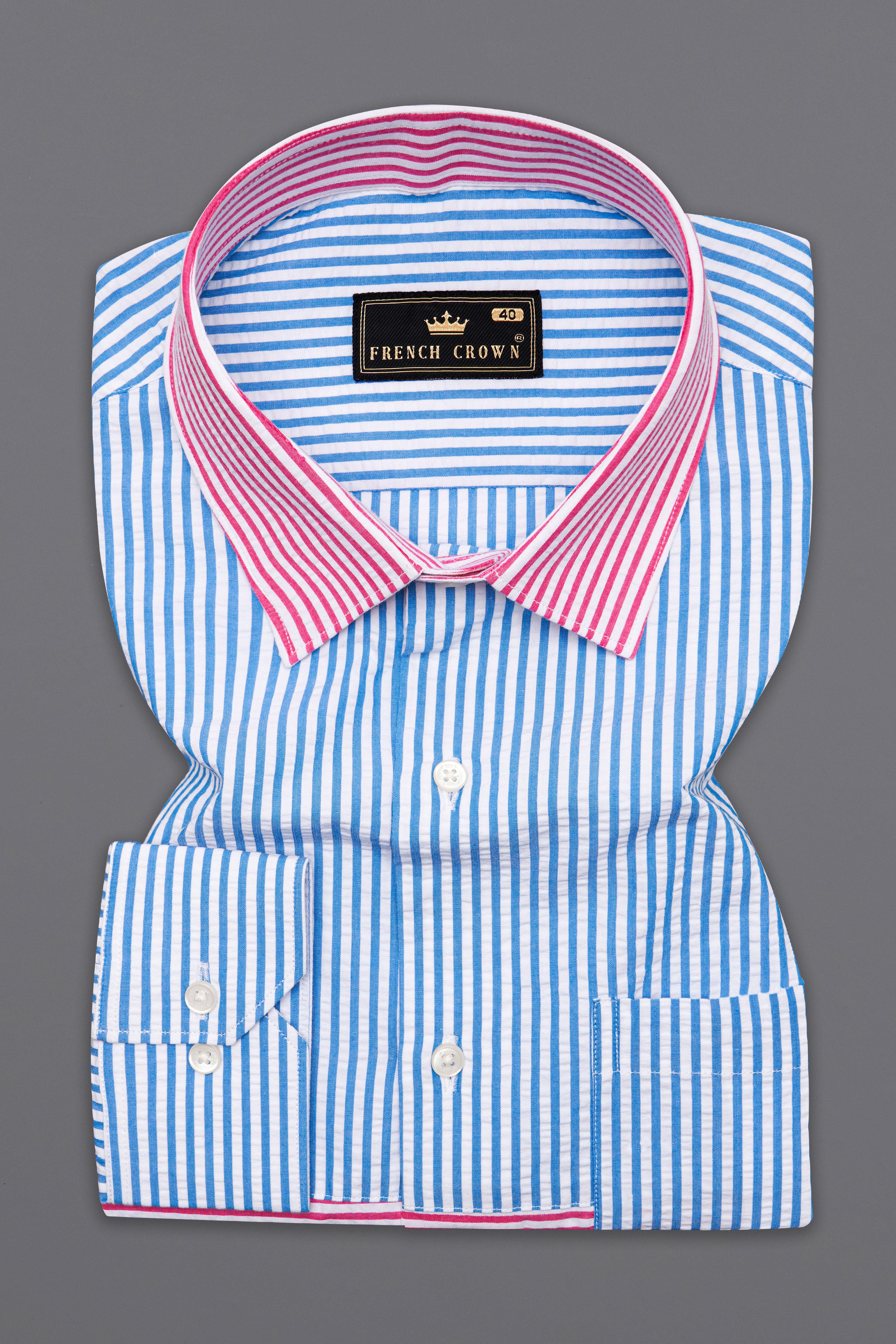 Glacial Blue with White and Thulian Pink Striped Seersucker Designer Shirt 10151-P508-38, 10151-P508-H-38, 10151-P508-39, 10151-P508-H-39, 10151-P508-40, 10151-P508-H-40, 10151-P508-42, 10151-P508-H-42, 10151-P508-44, 10151-P508-H-44, 10151-P508-46, 10151-P508-H-46, 10151-P508-48, 10151-P508-H-48, 10151-P508-50, 10151-P508-H-50, 10151-P508-52, 10151-P508-H-52
