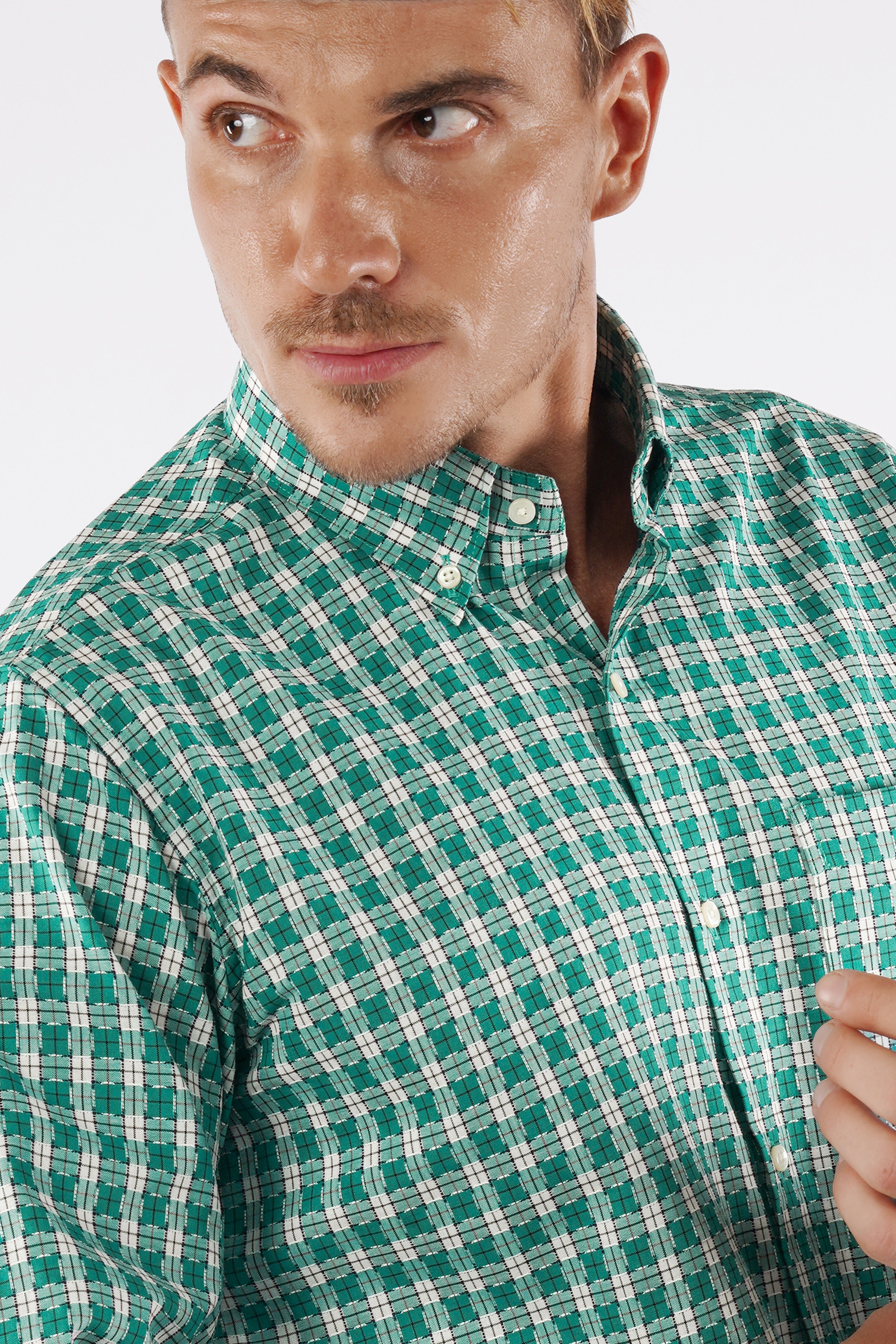 Gossamer Green and White Checkered Dobby Textured Premium Giza Cotton Shirt