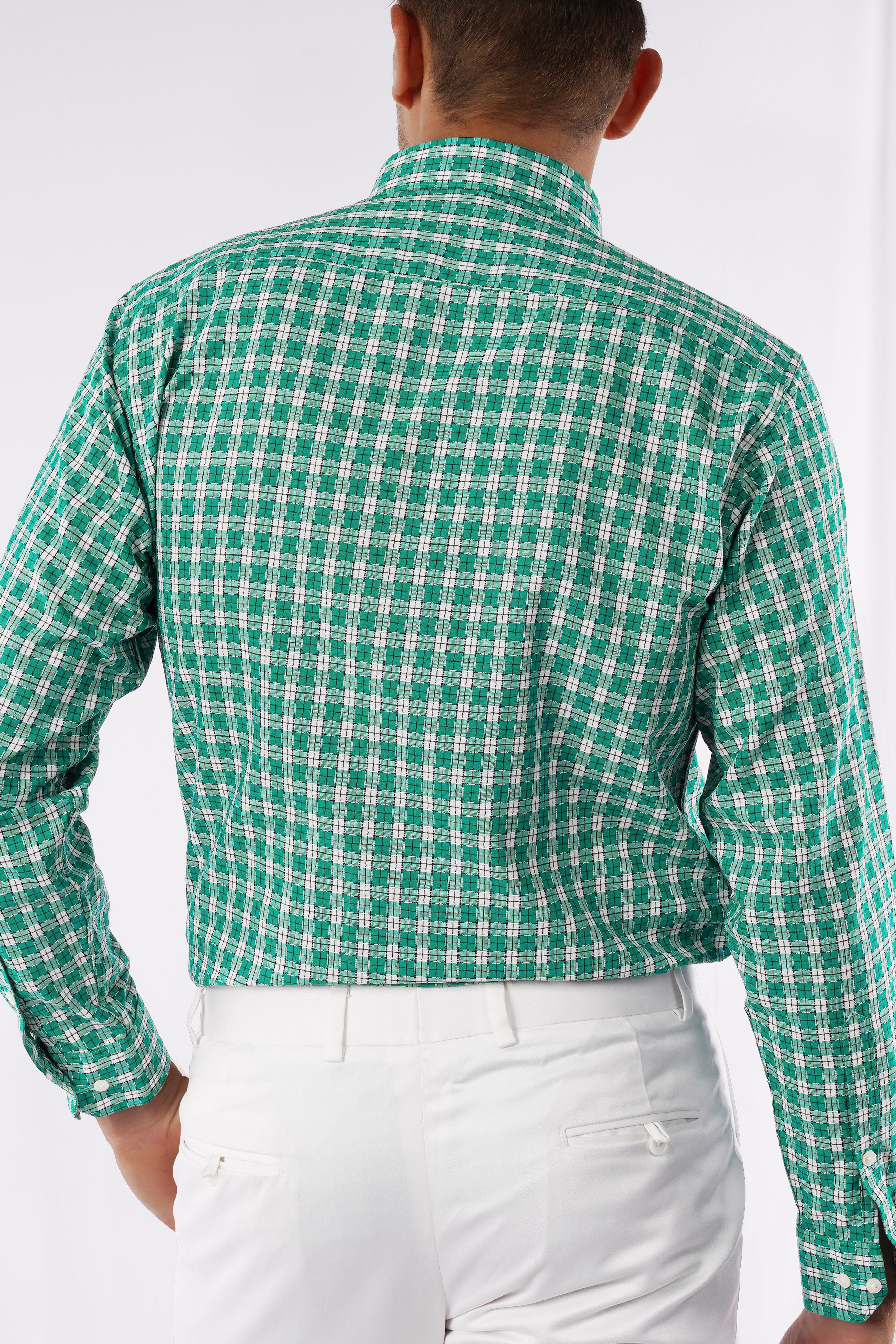 Gossamer Green and White Checkered Dobby Textured Premium Giza Cotton Shirt