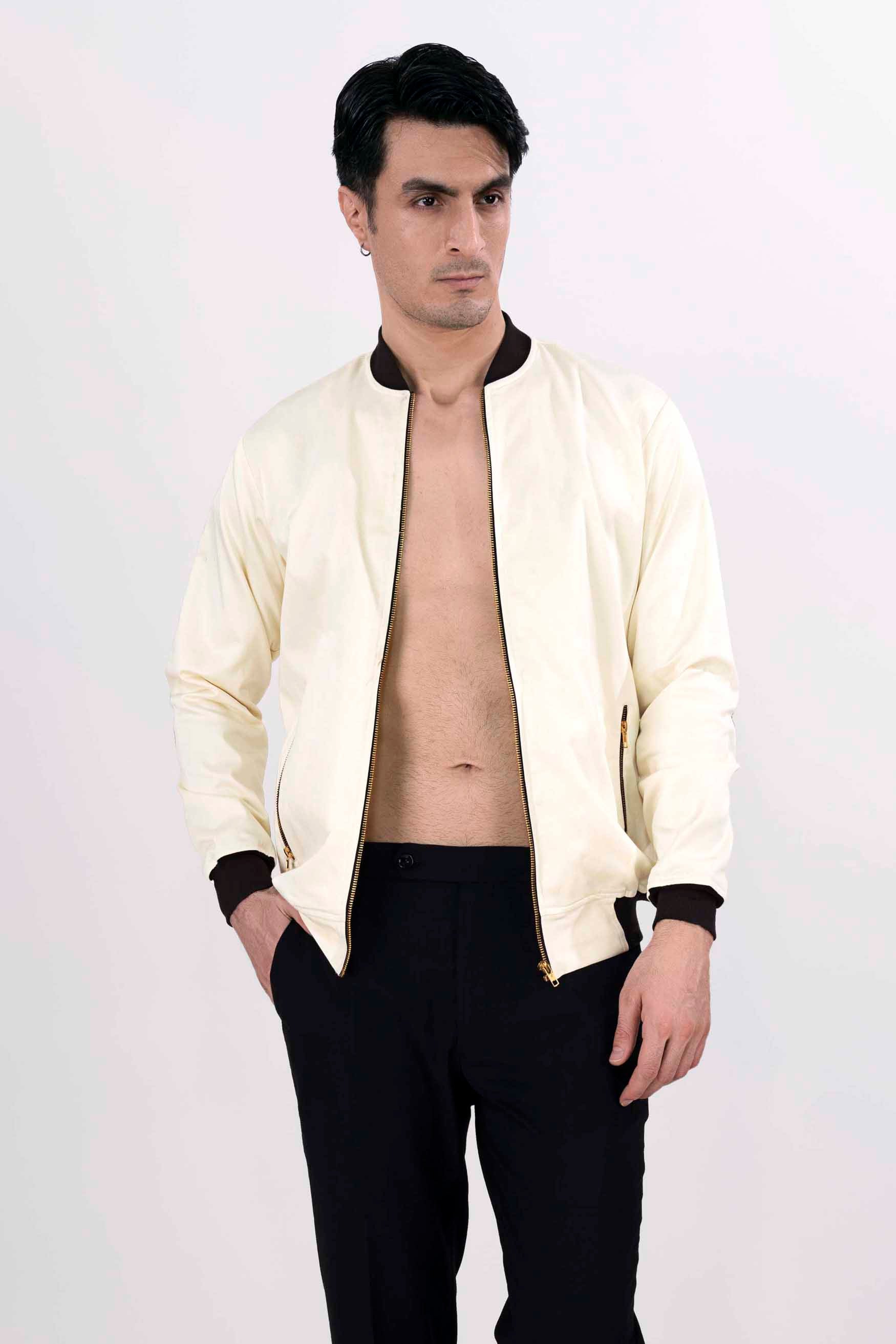 Rum Swizzle Cream with Black Patchwork Twill Premium Cotton Signature Designer Bomber Jacket 10175-BJ-E166-38, 10175-BJ-E166-39, 10175-BJ-E166-40, 10175-BJ-E166-42, 10175-BJ-E166-44, 10175-BJ-E166-46, 10175-BJ-E166-48, 10175-BJ-E166-50, 10175-BJ-E166-52