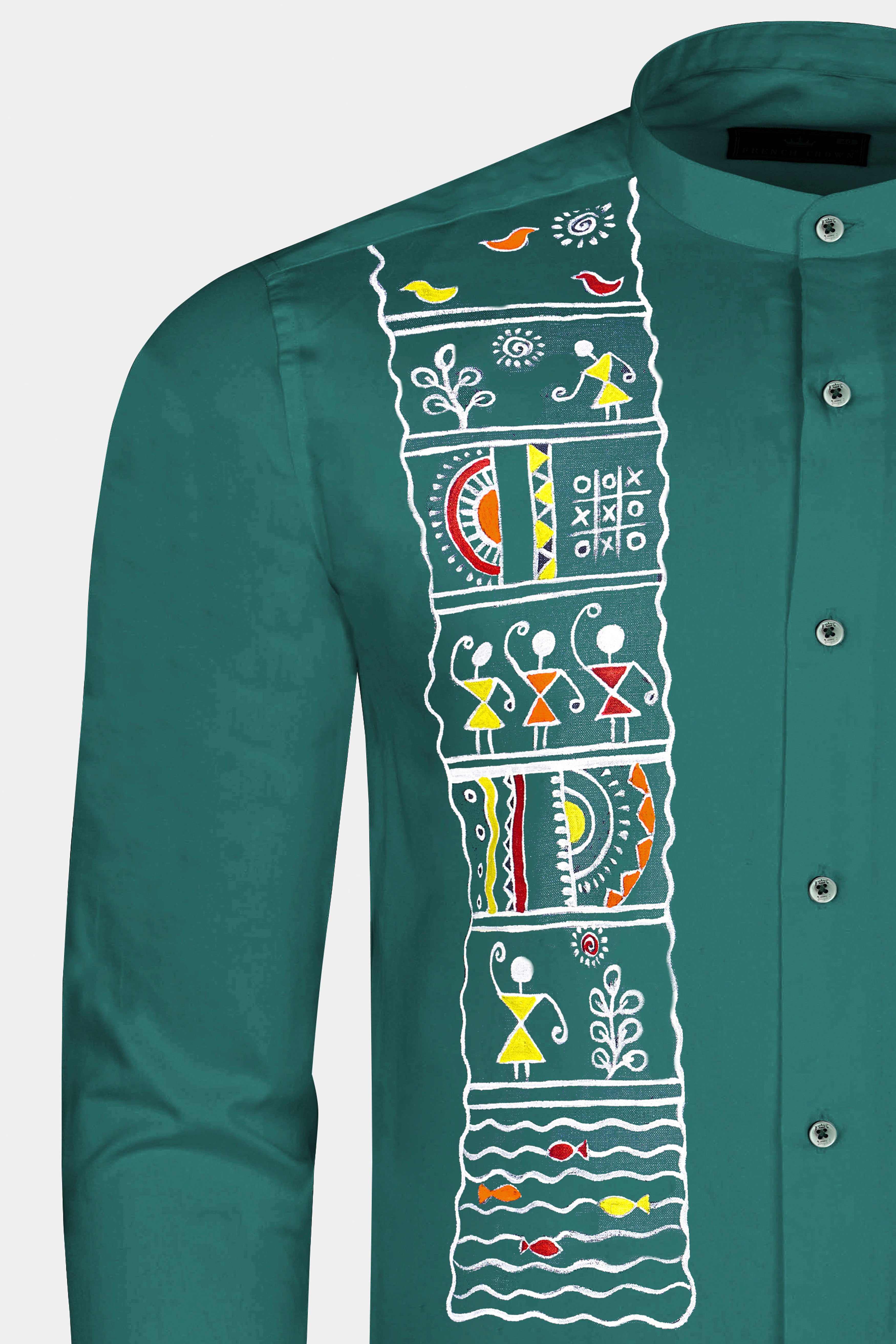 Casal Green Multicolour Warli Folk Art Hand Painted Roual Oxford Designer Shirt