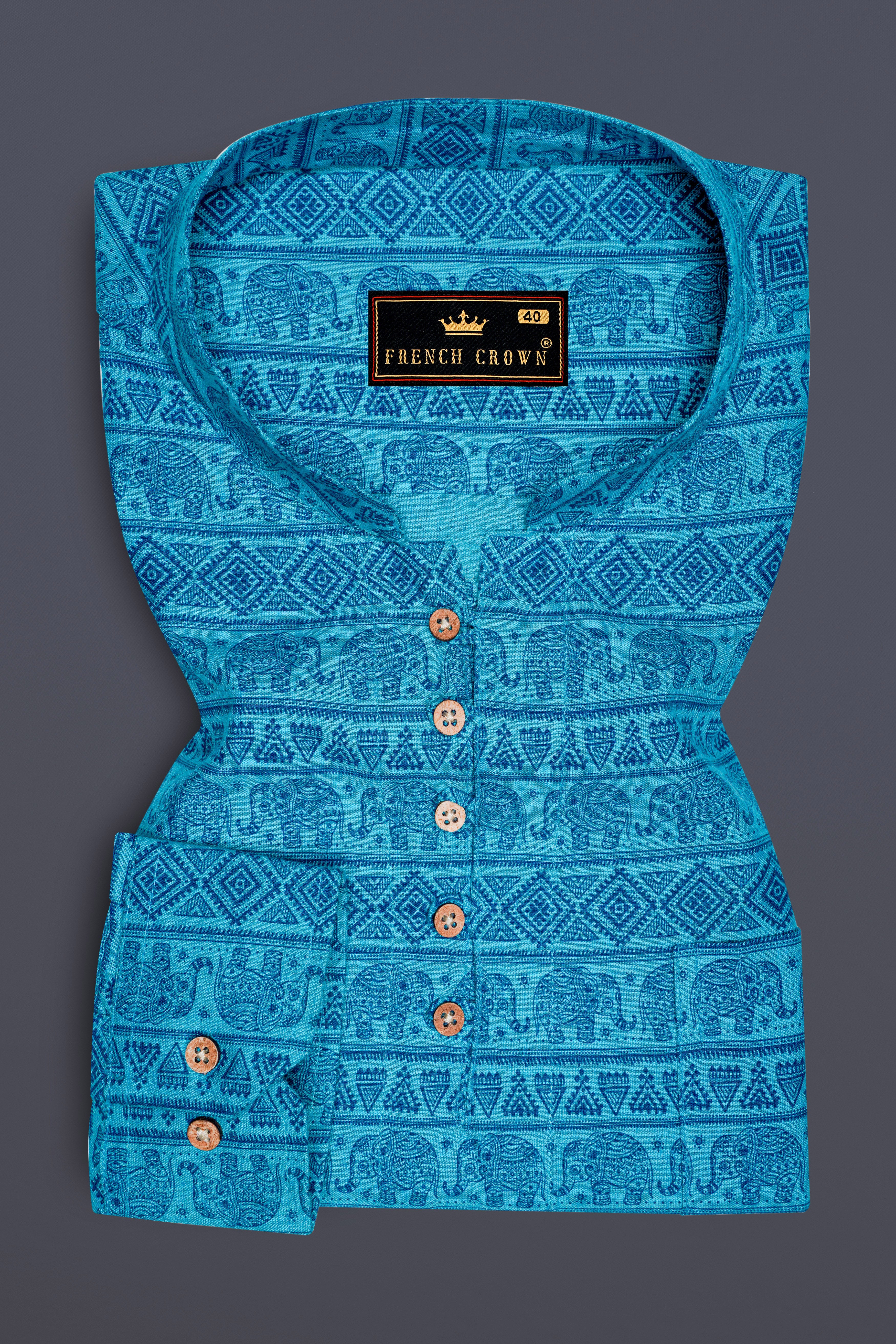 Turquoise Aqua Blue Tribal Printed Luxurious Linen Kurta Shirt