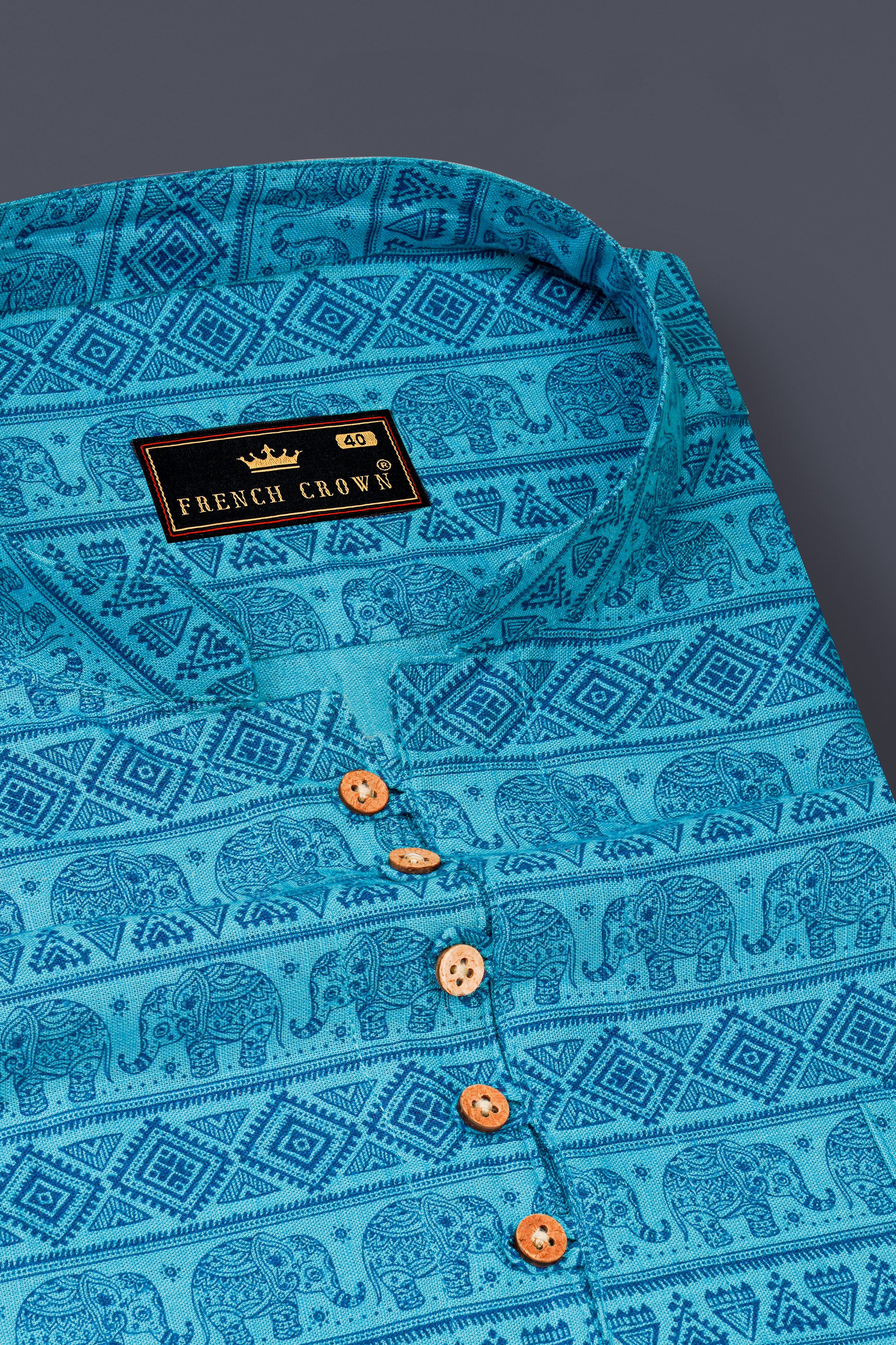 Turquoise Aqua Blue Tribal Printed Luxurious Linen Kurta Shirt