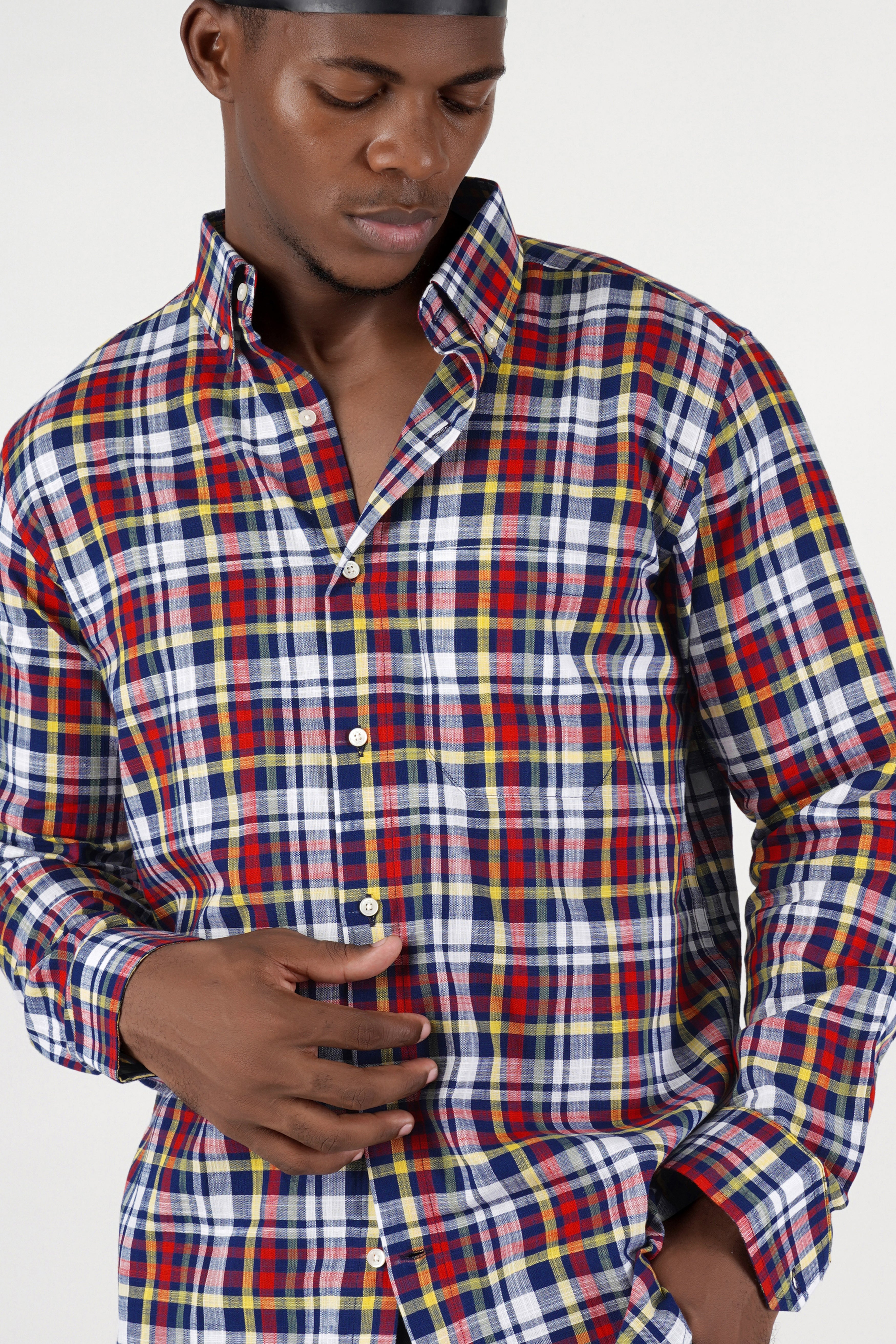 Bright White with Deep Cove Blue and Cornell Red Checkered Luxurious Linen Shirt