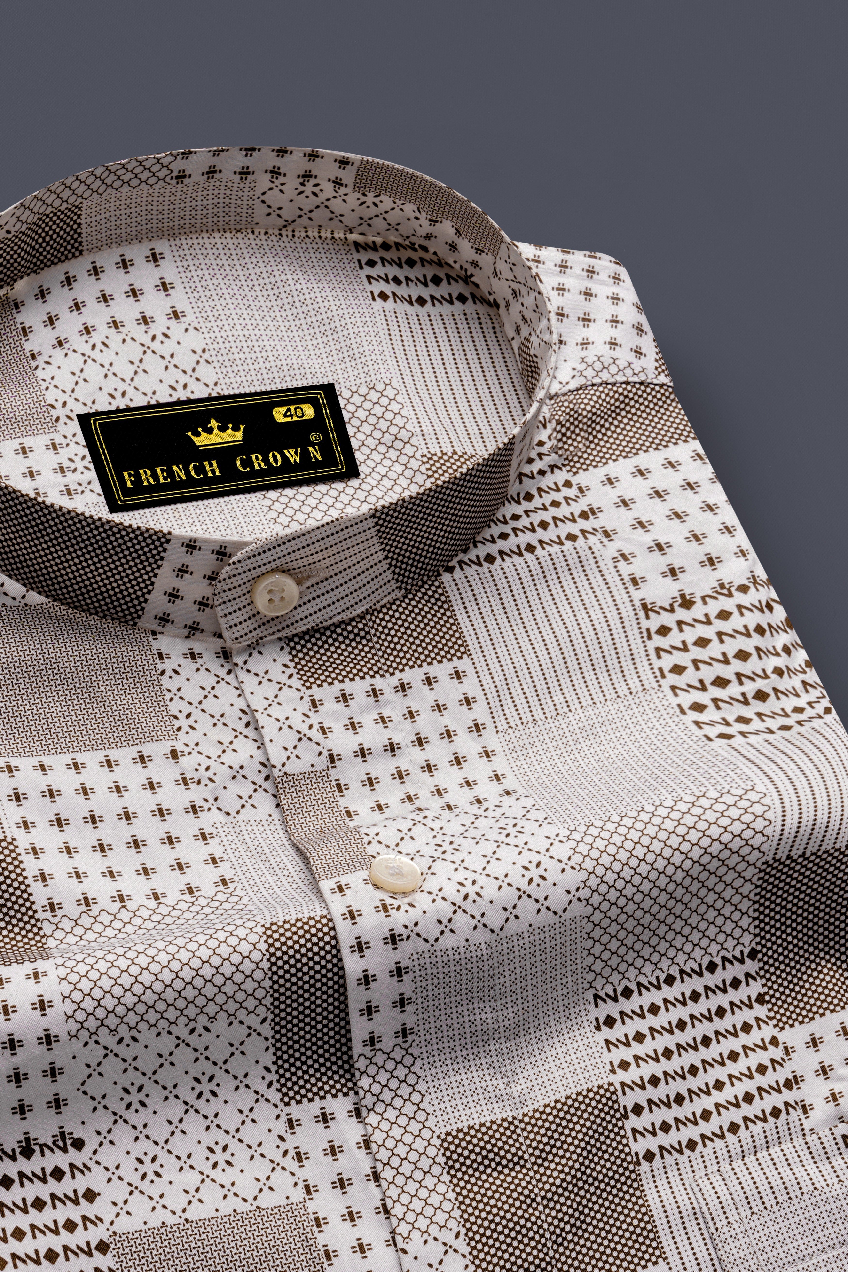 Bright White with Sepia Brown Square Printed Super Soft Premium Cotton Shirt