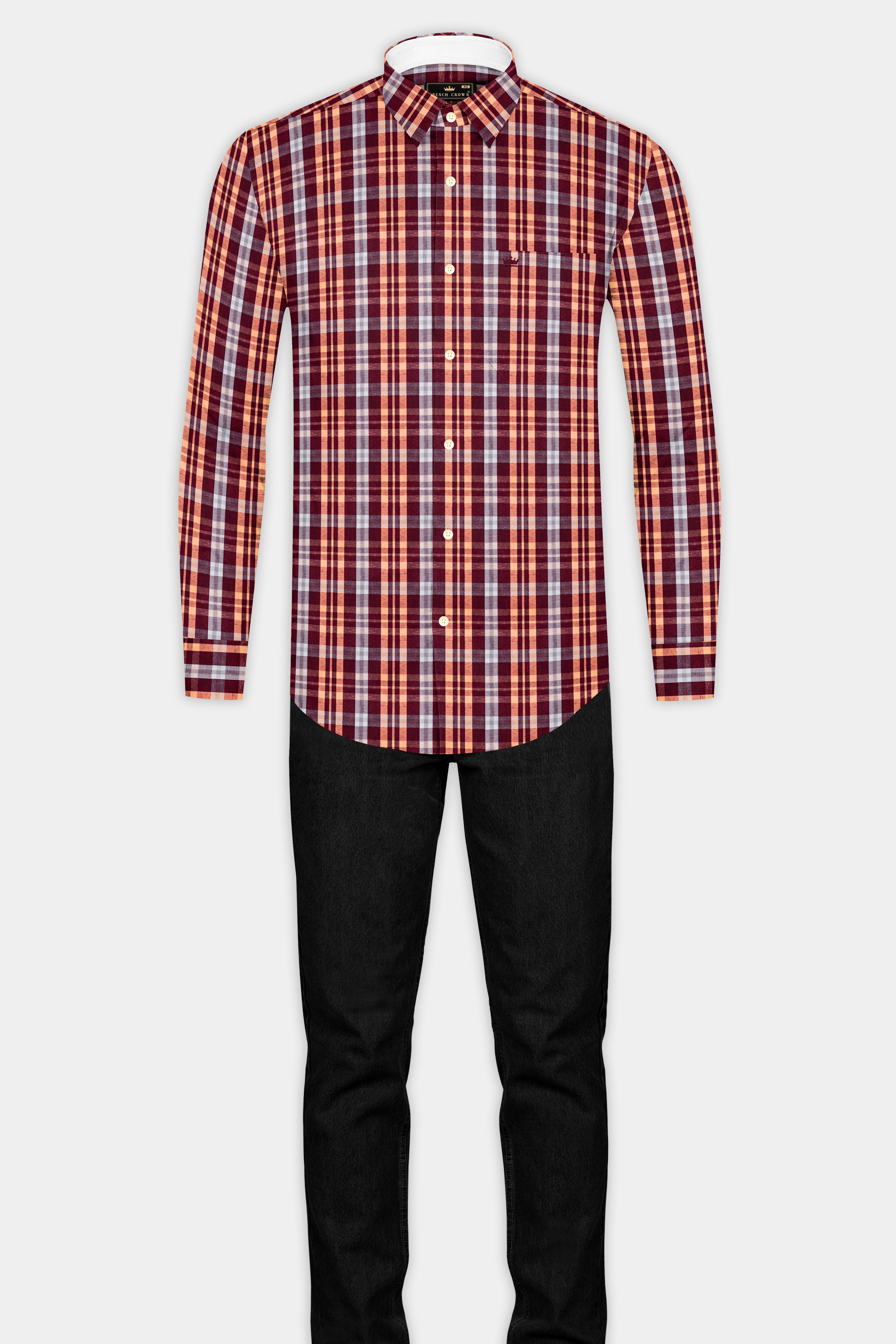 Claret Maroon with Tumbleweed Beige Checkered Premium Cotton Shirt