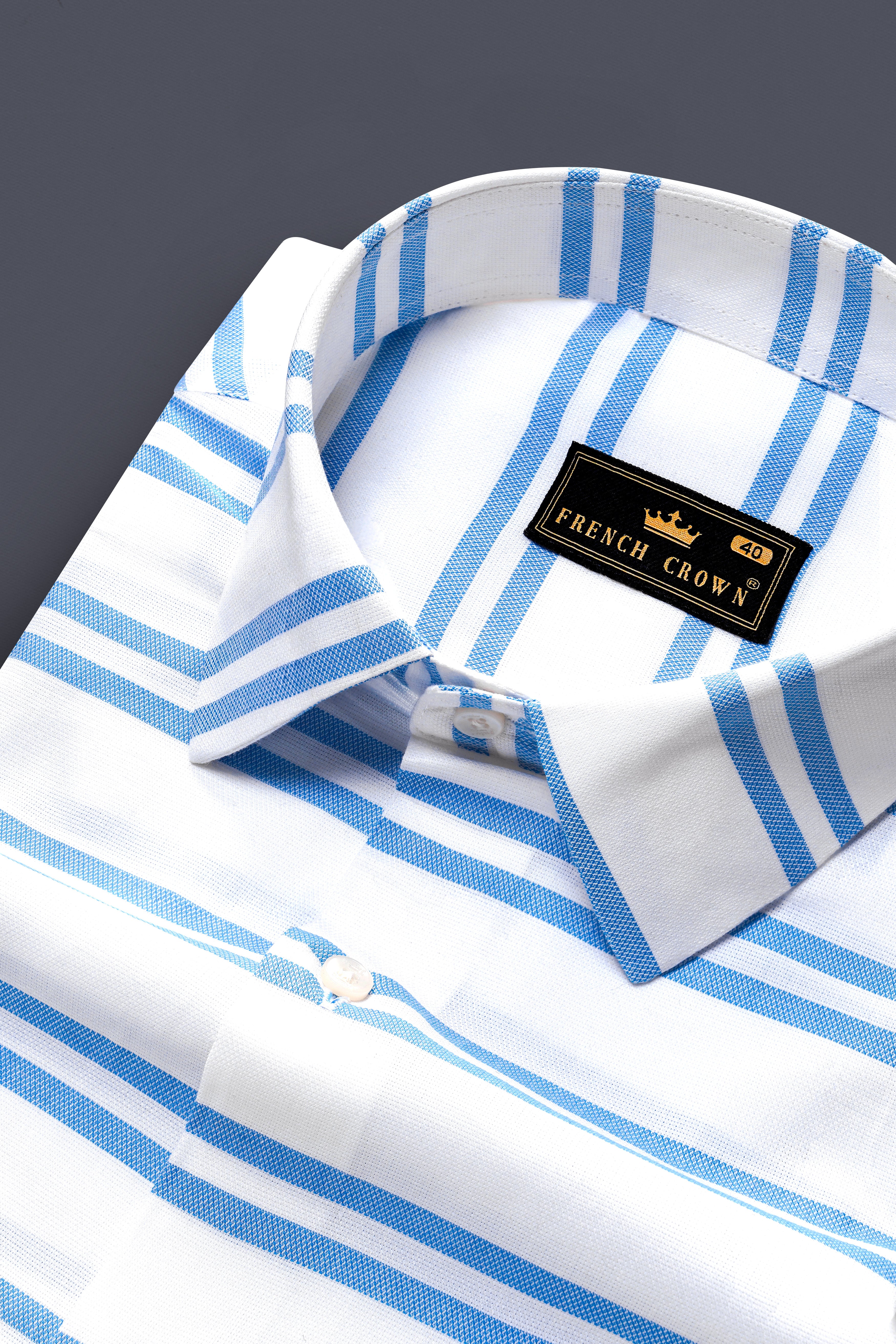 Bright White with Pale Cornflower Blue Striped Dobby Textured Premium Giza Cotton Shirt