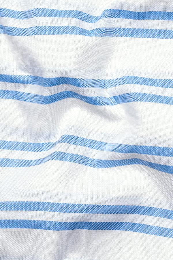 Bright White with Pale Cornflower Blue Striped Dobby Textured Premium Giza Cotton Shirt