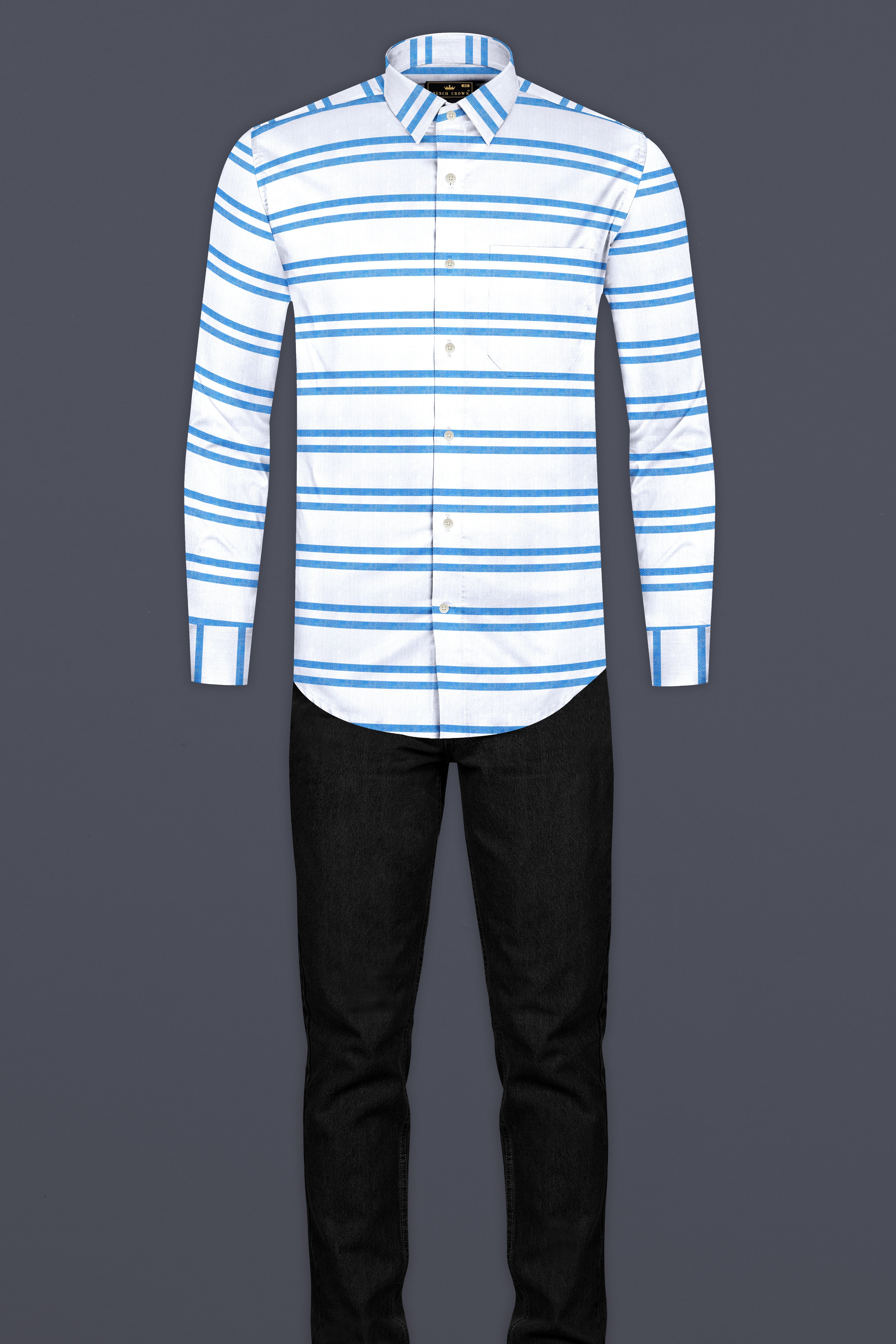 Bright White with Pale Cornflower Blue Striped Dobby Textured Premium Giza Cotton Shirt