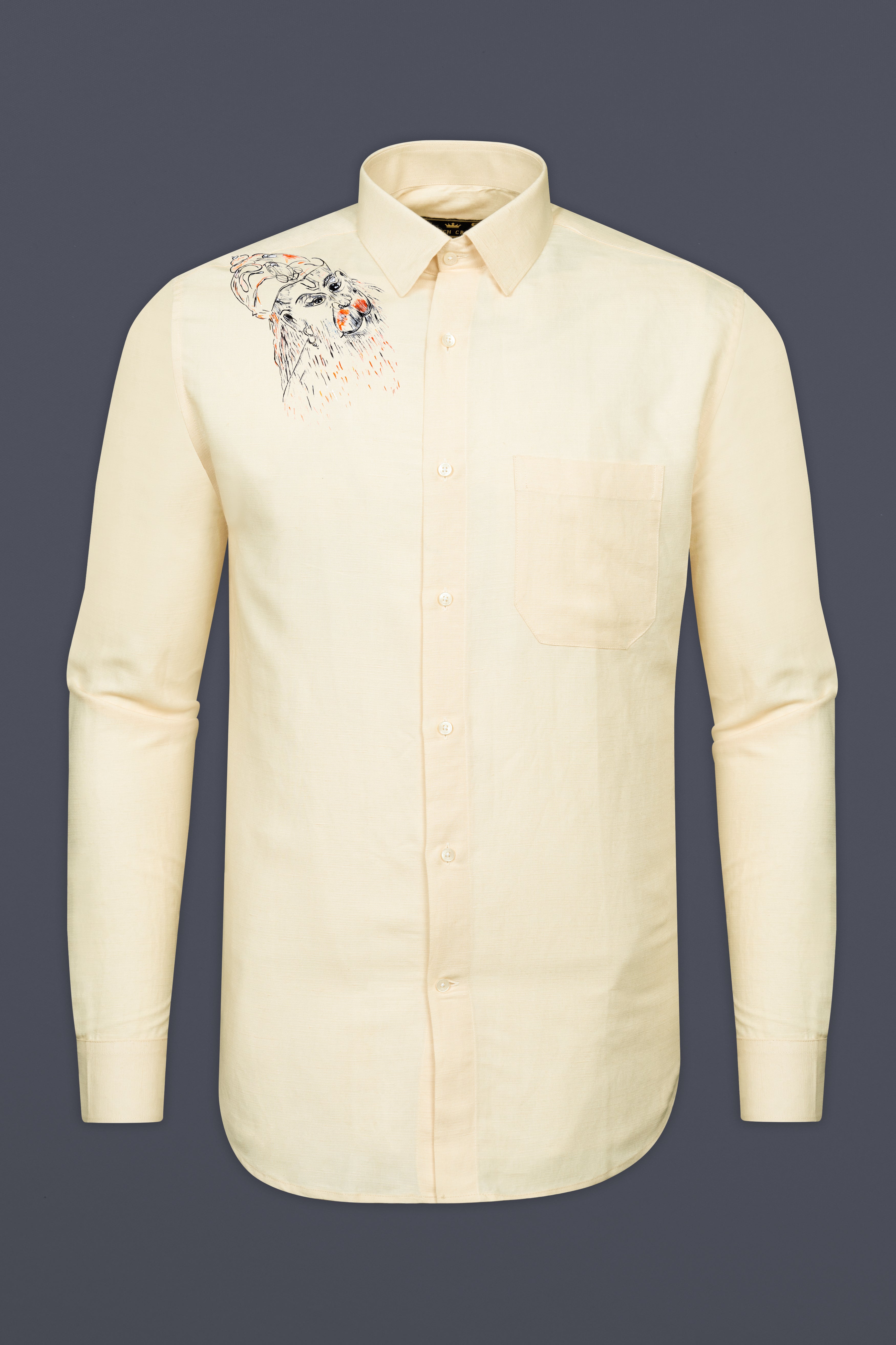 Raffia Cream Lord Hanuman Hand Painted Luxurious Linen Designer Shirt