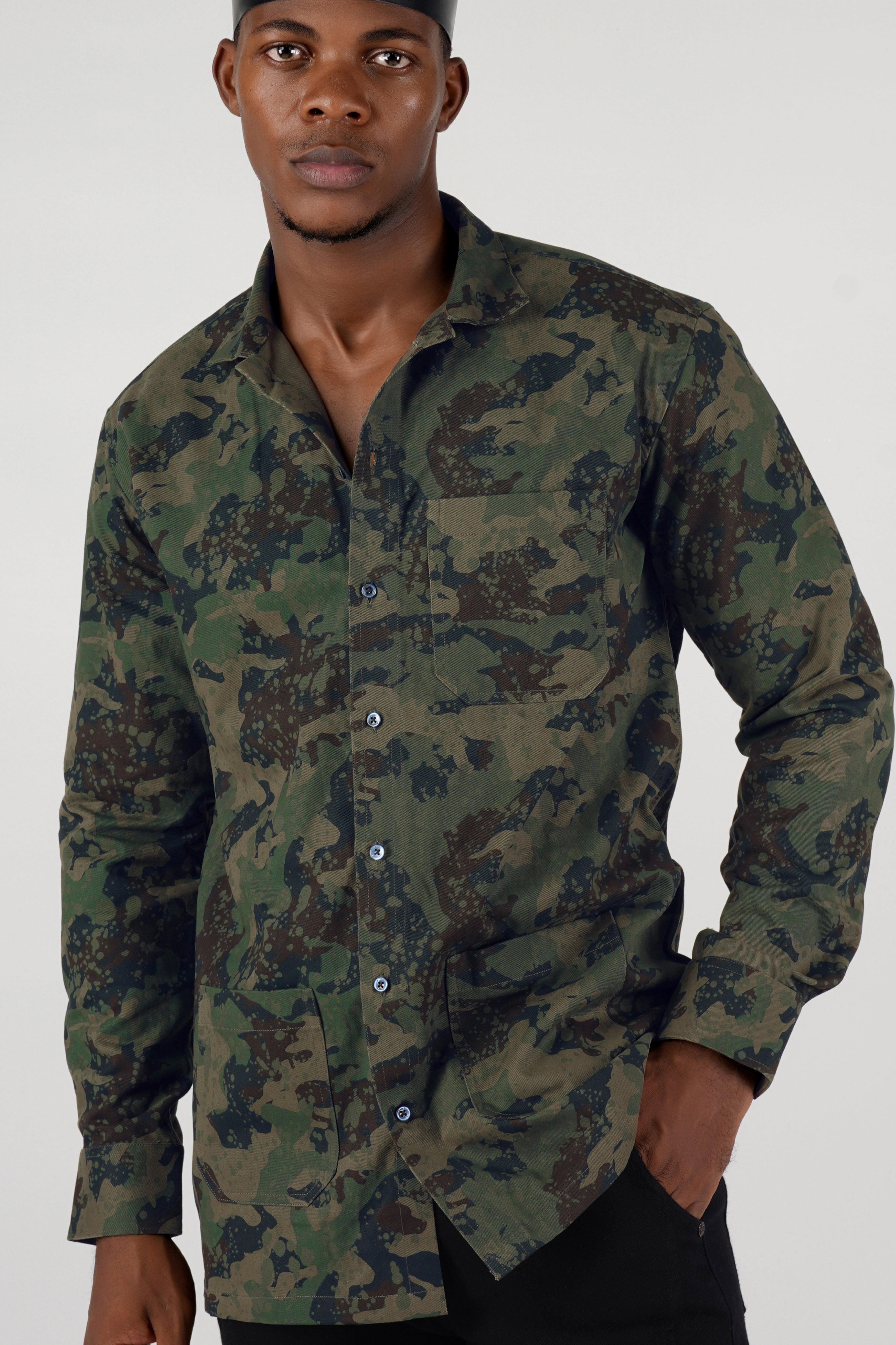 Wenge Brown with Lunar Green Camouflage Twill Premium Cotton Designer Shirt