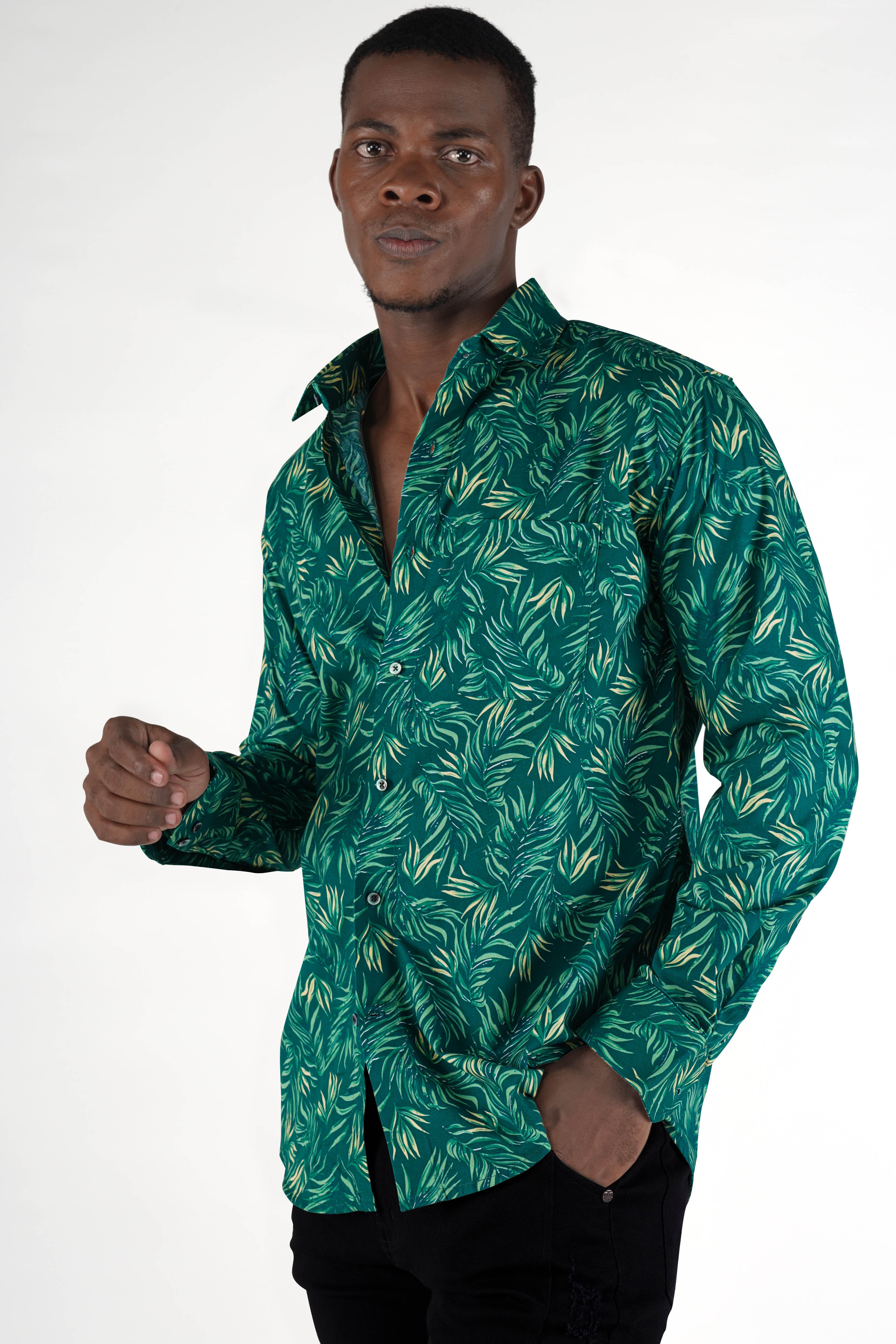 Cyprus Green with Multicolored Leaves Printed Premium Cotton Shirt