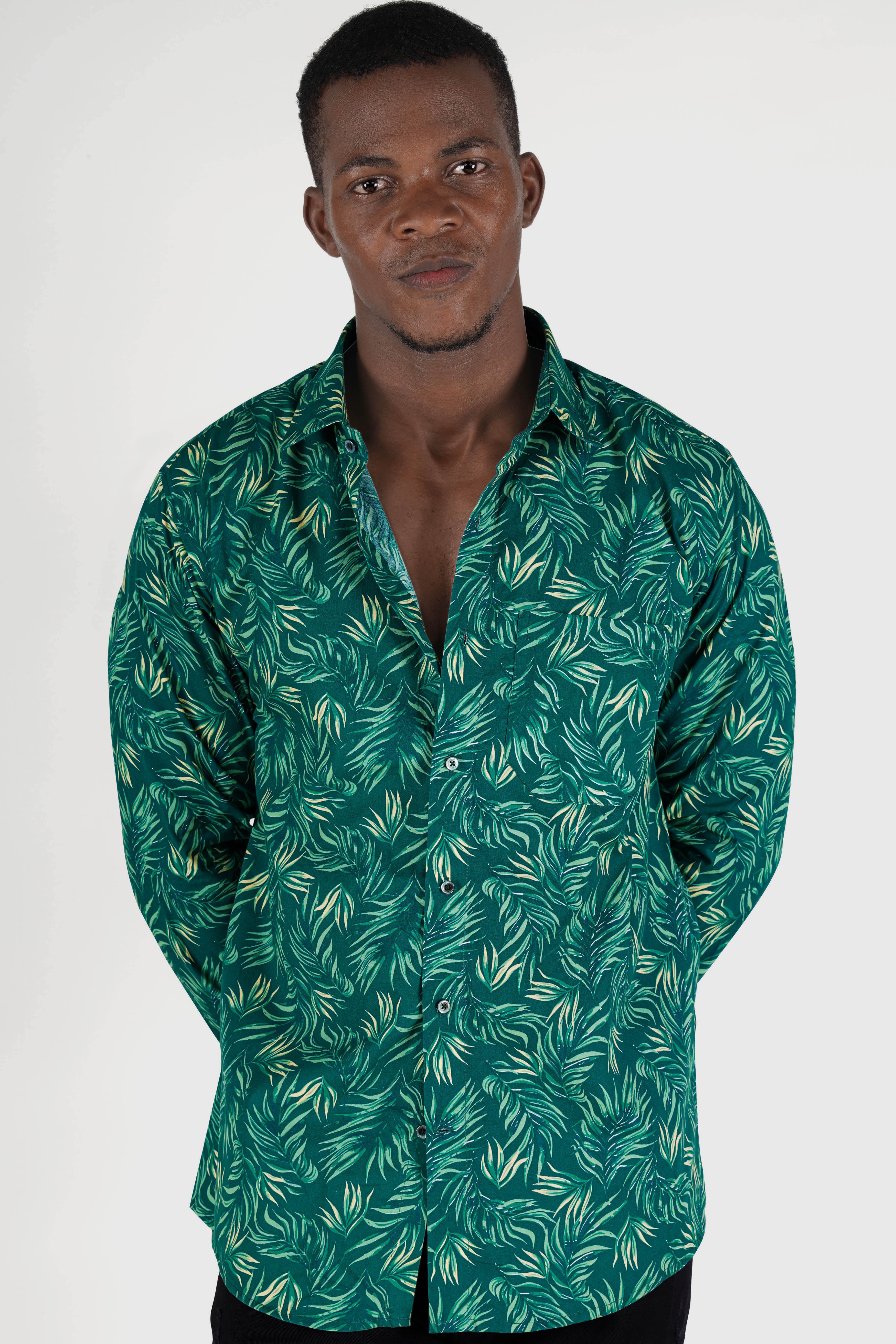 Cyprus Green with Multicolored Leaves Printed Premium Cotton Shirt