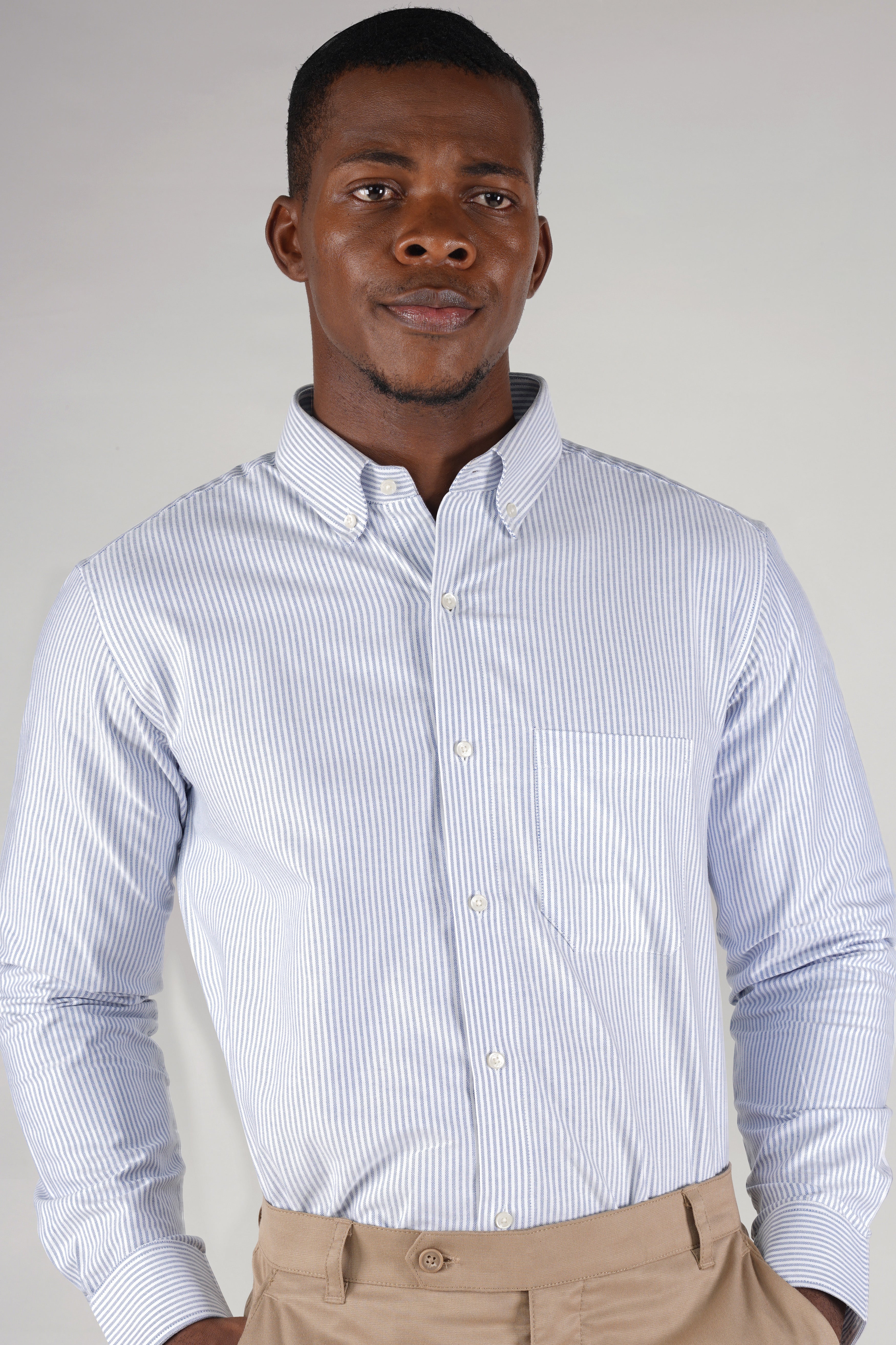 Bright White with Periwinkle Blue Striped Royal Oxford Shirt