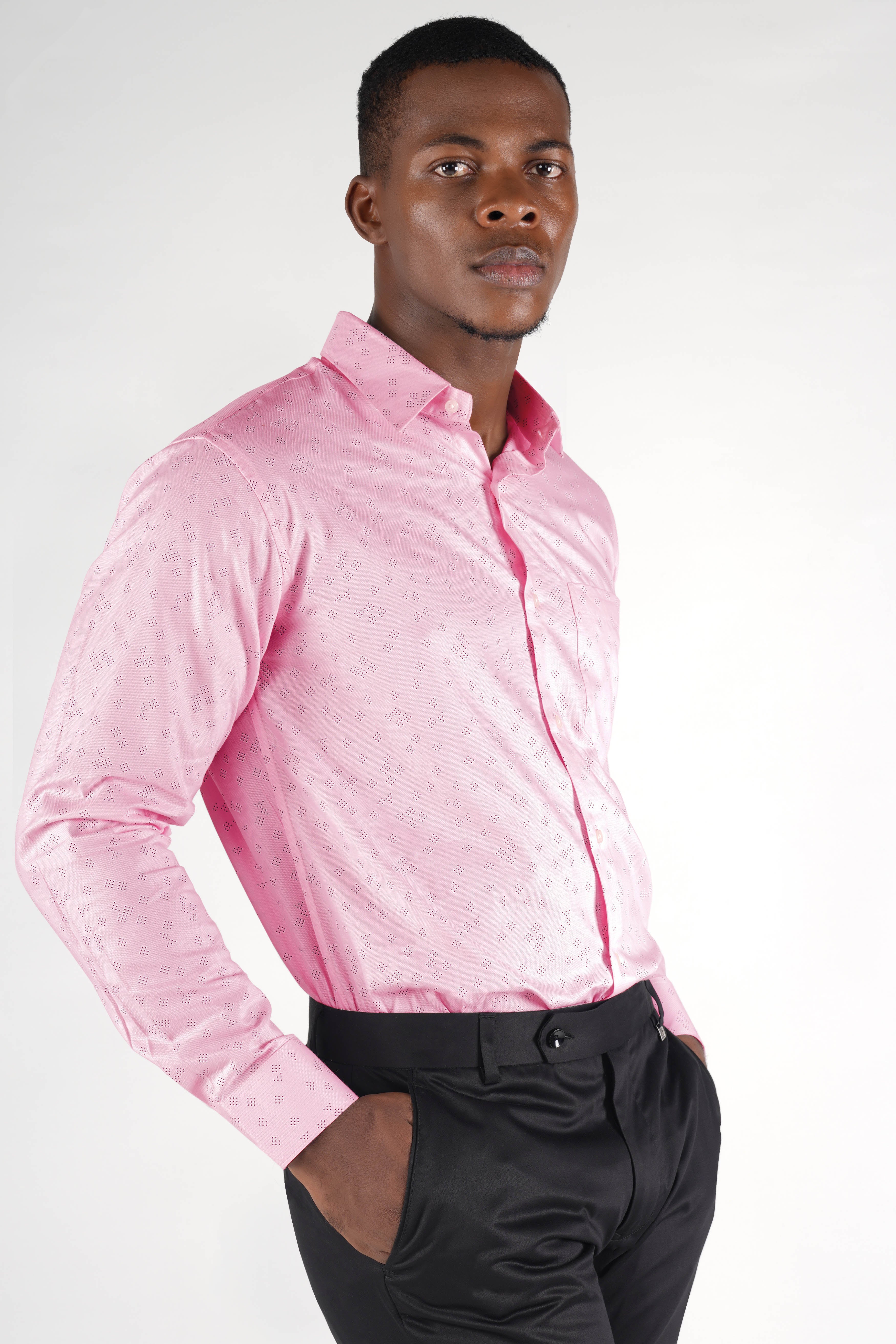 Thulian Pink with Black Polka Dot Textured Dobby Premium Giza Cotton Shirt