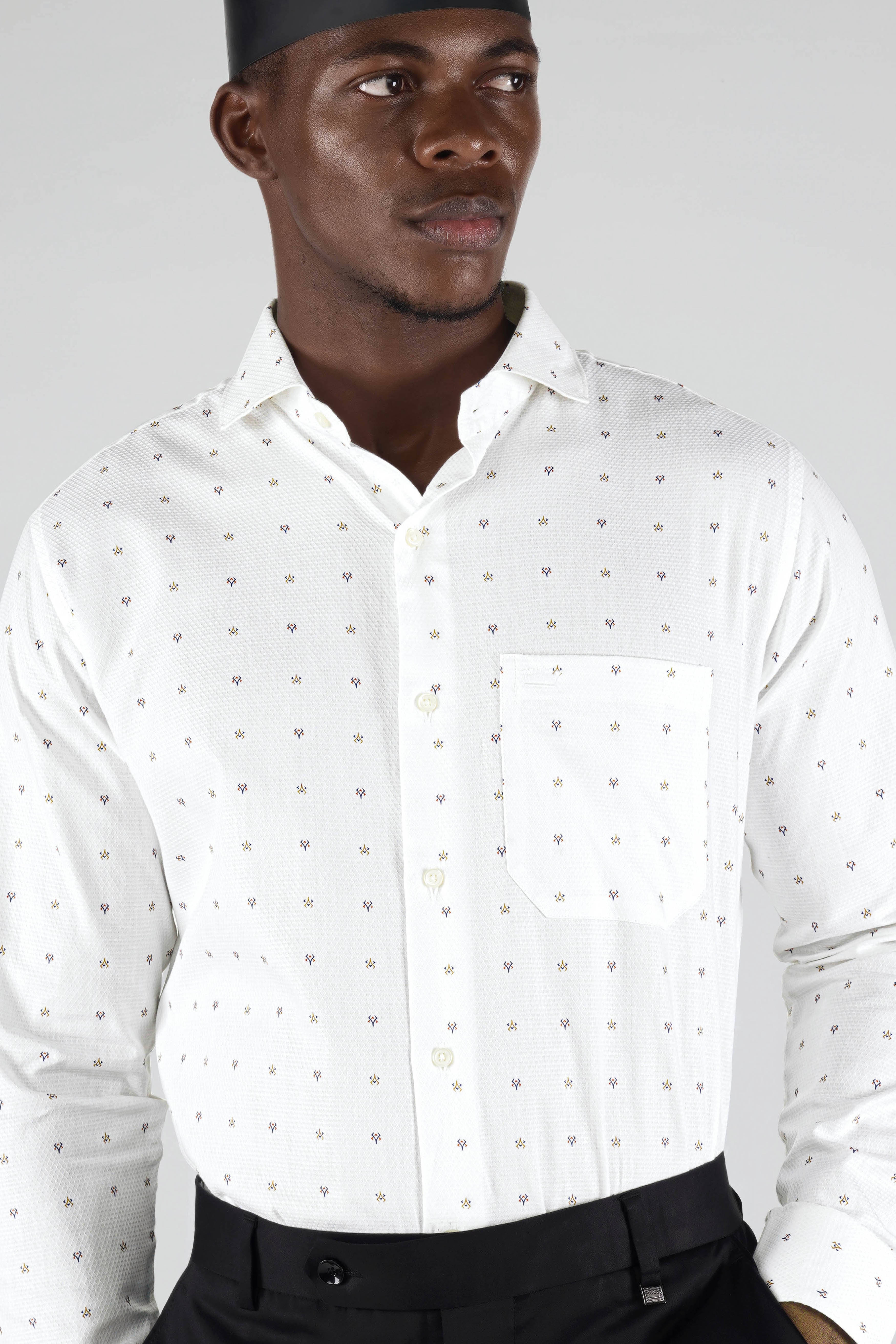 Bright White Printed Dobby Textured Premium Giza Cotton Shirt