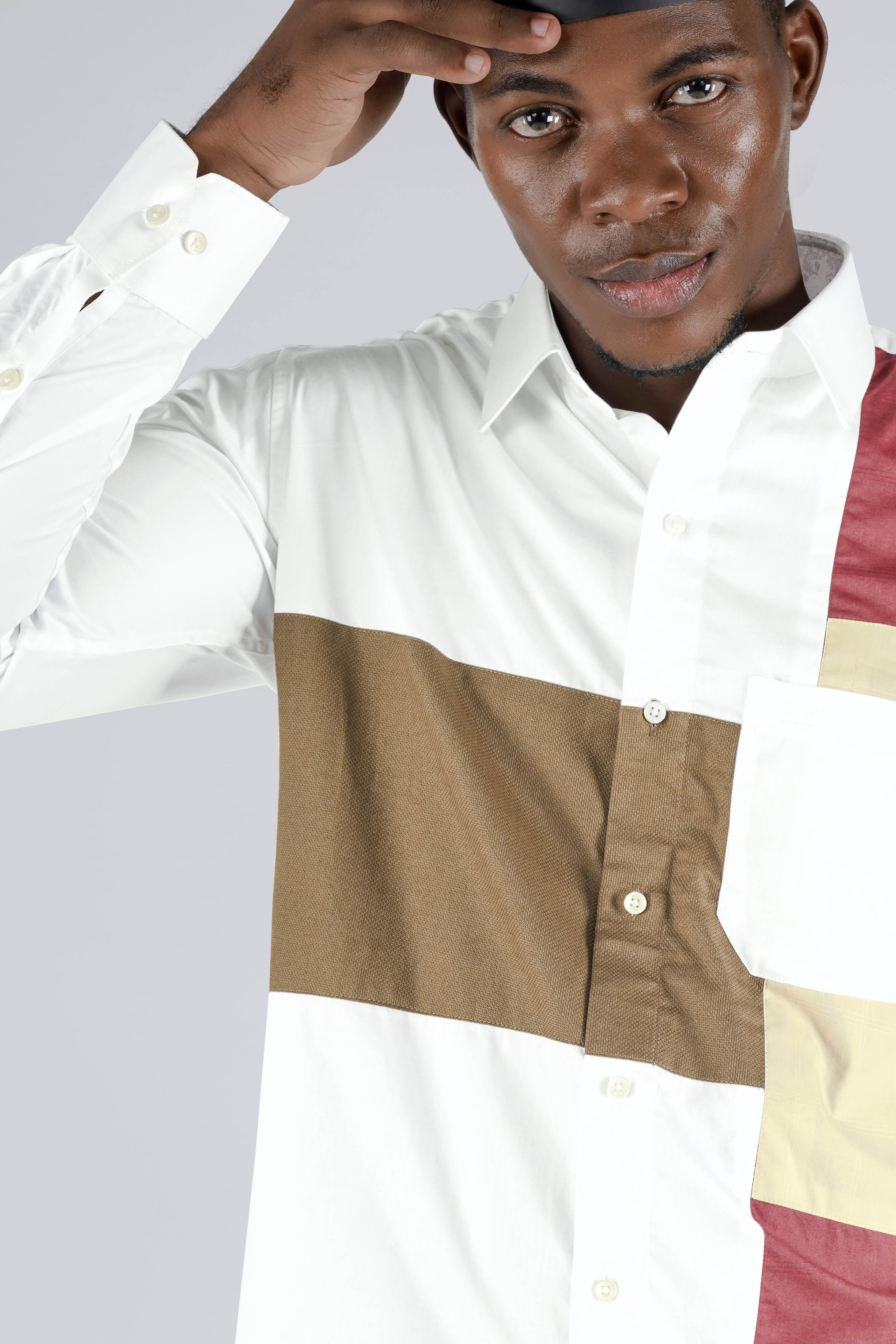 Bright White with Multicolor Patch Work Dobby Textured Premium Giza Cotton Designer Shirt