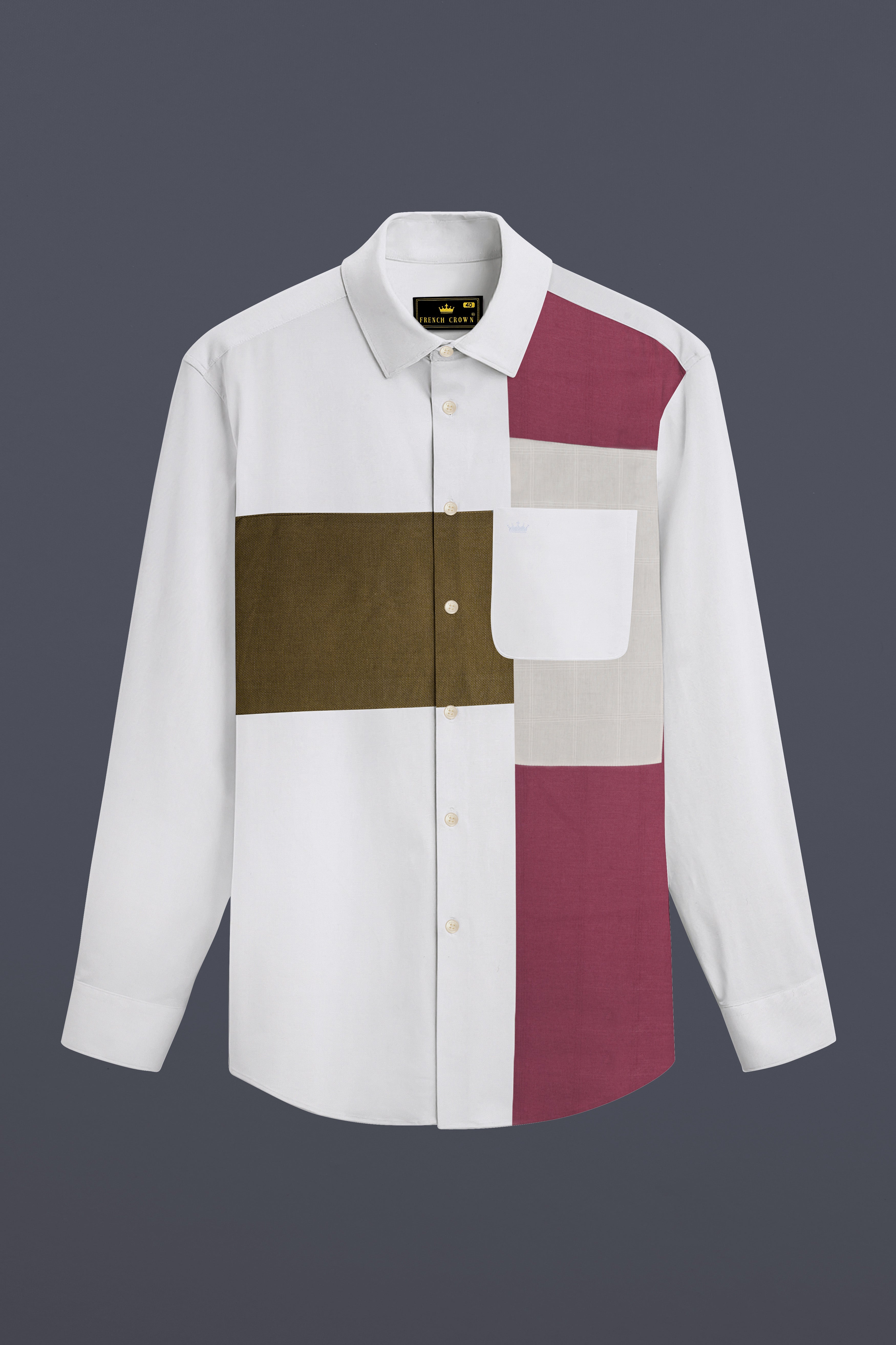Bright White with Multicolor Patch Work Dobby Textured Premium Giza Cotton Designer Shirt