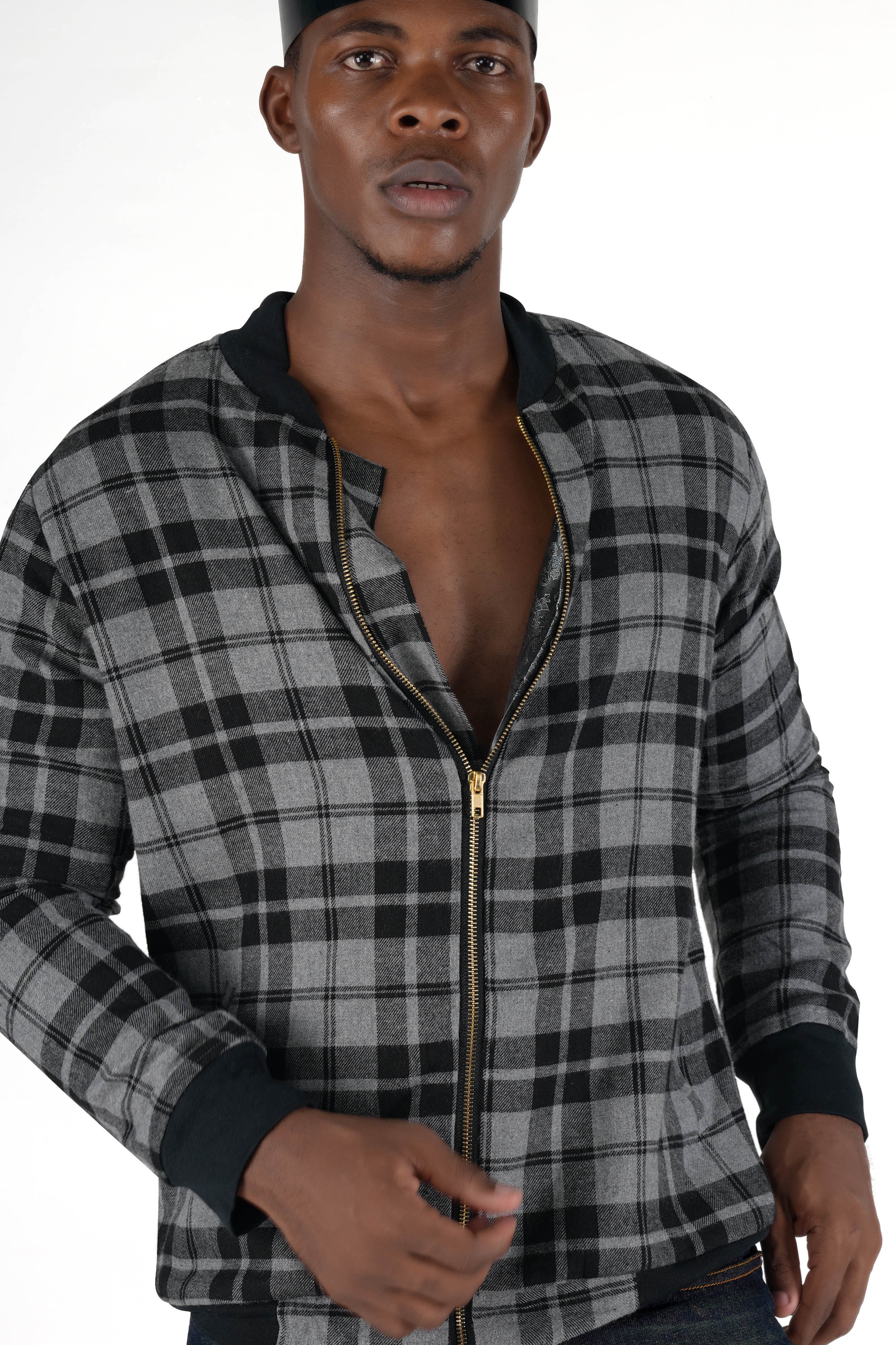 Vensu Gray with Tealish Black Checkered Flannel Bomber Jacket