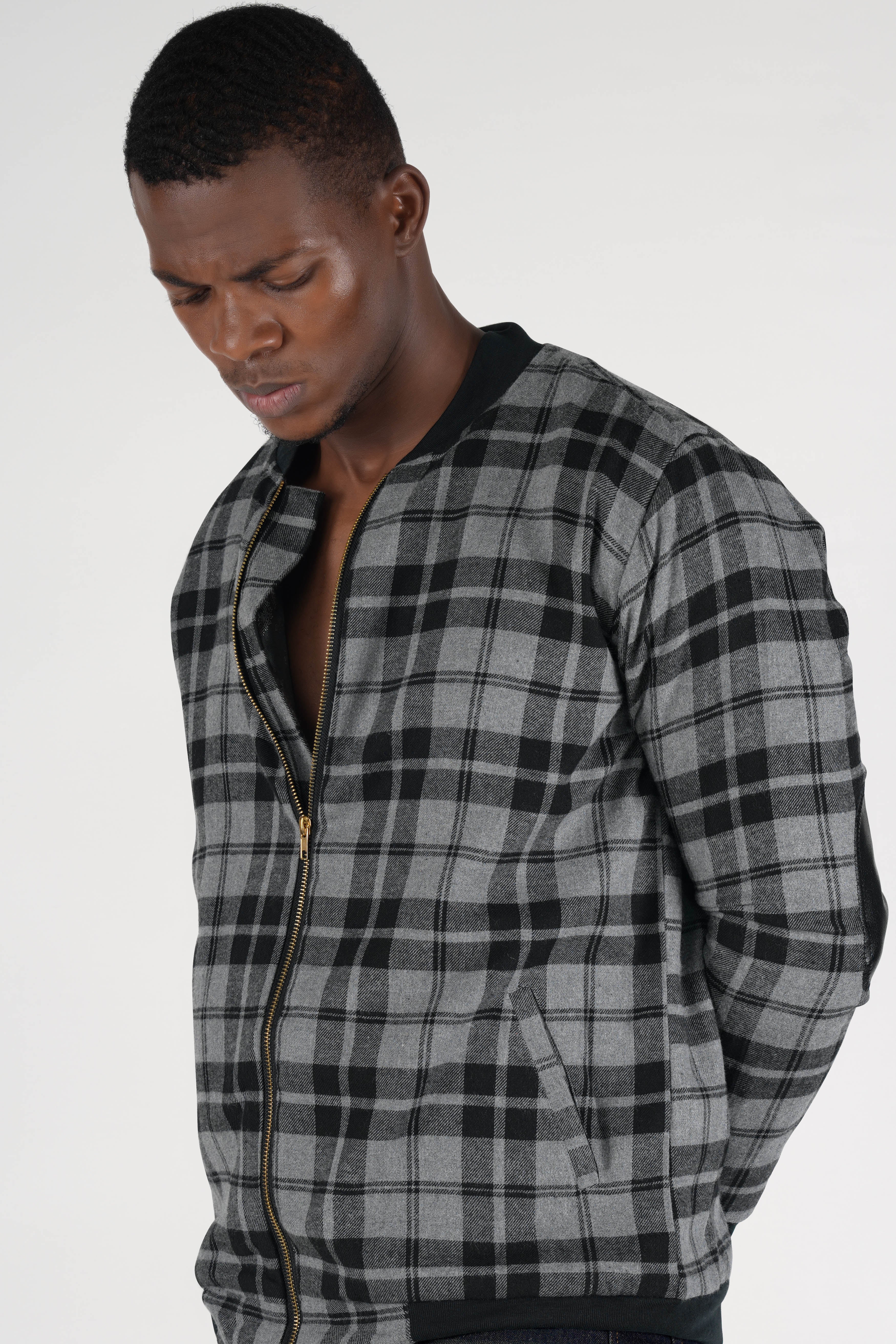 Vensu Gray with Tealish Black Checkered Flannel Bomber Jacket