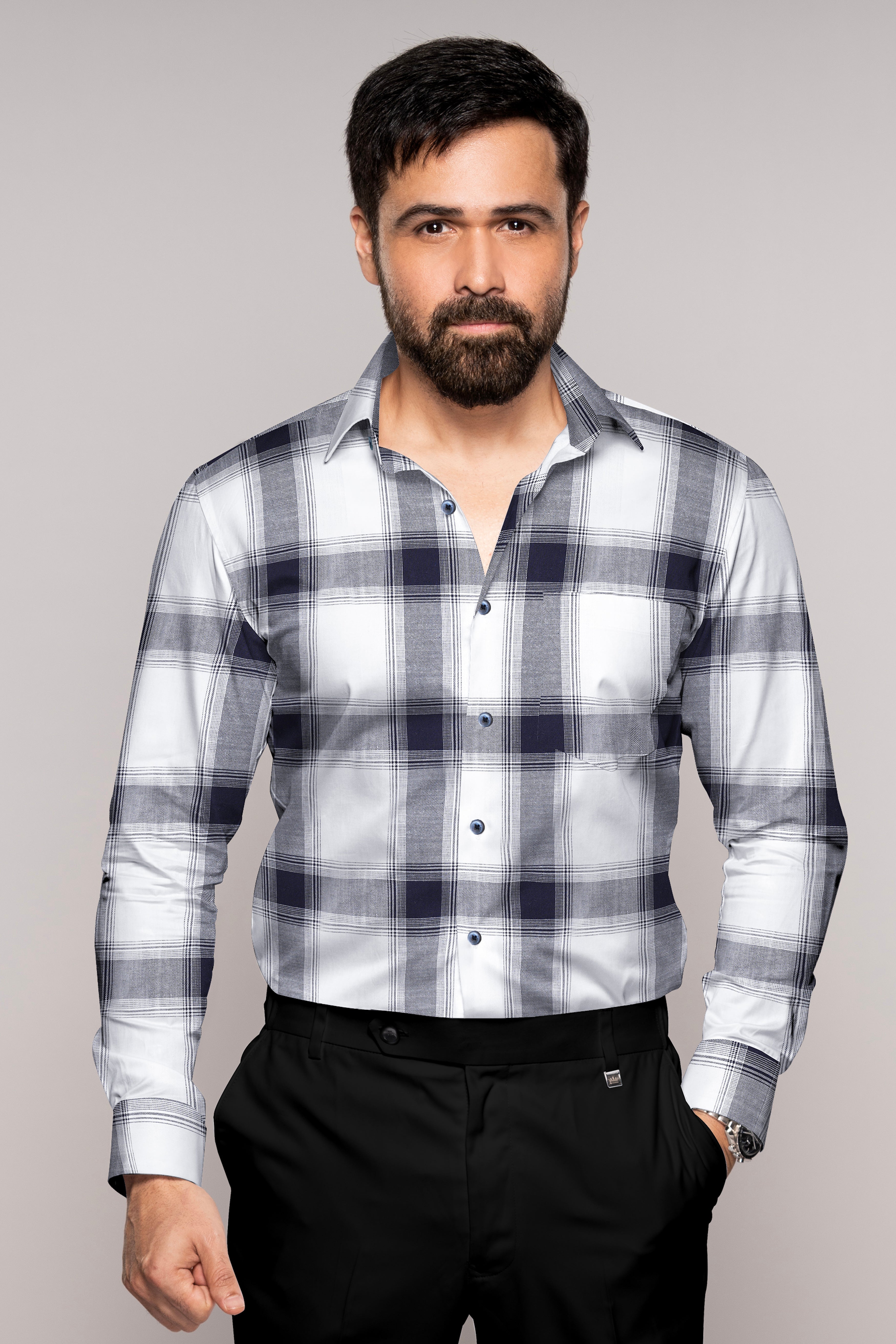 Bright White with Onyx Navy Blue Plaid Twill Premium Cotton Shirt