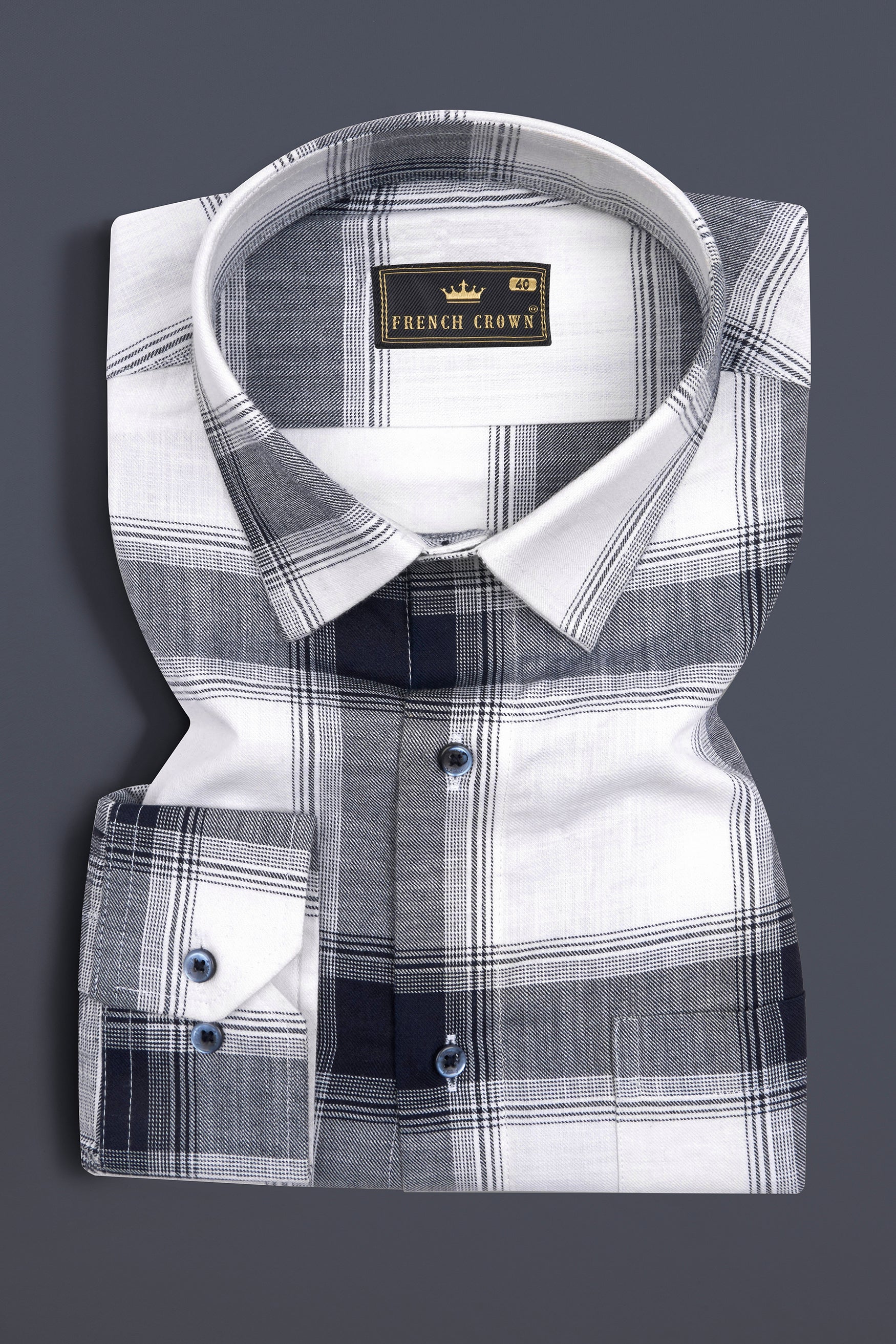 Bright White with Onyx Navy Blue Plaid Twill Premium Cotton Shirt