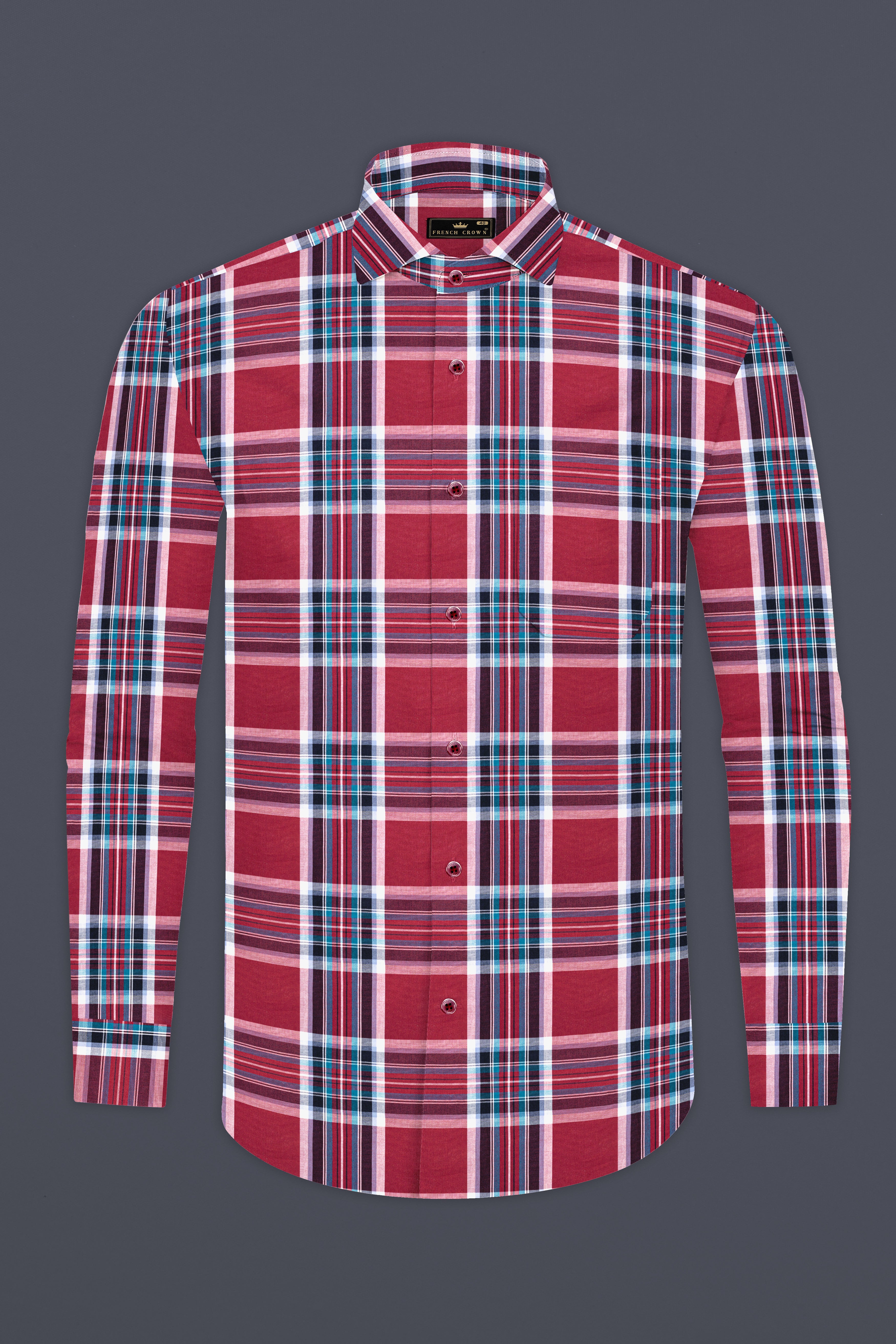 Claret Wine with Multicolored Plaid Twill Premium Cotton Shirt