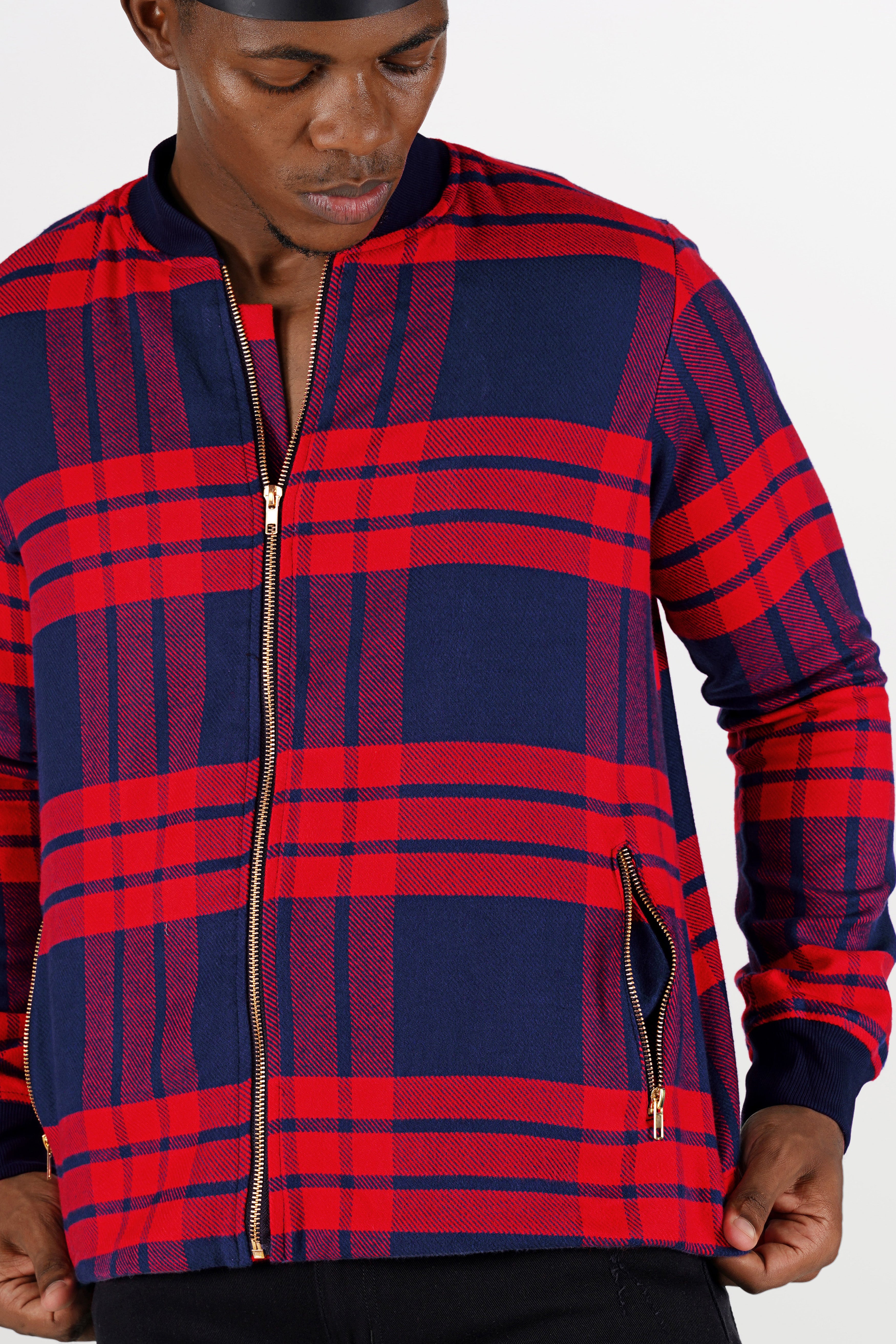 Tuna Blue and Crimson Red Checkered Flannel Bomber Jacket