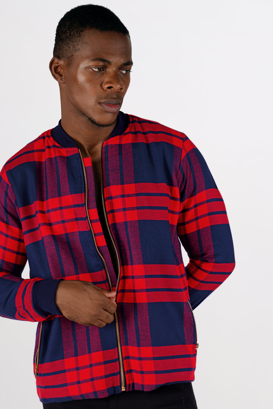 Tuna Blue and Crimson Red Checkered Flannel Bomber Jacket