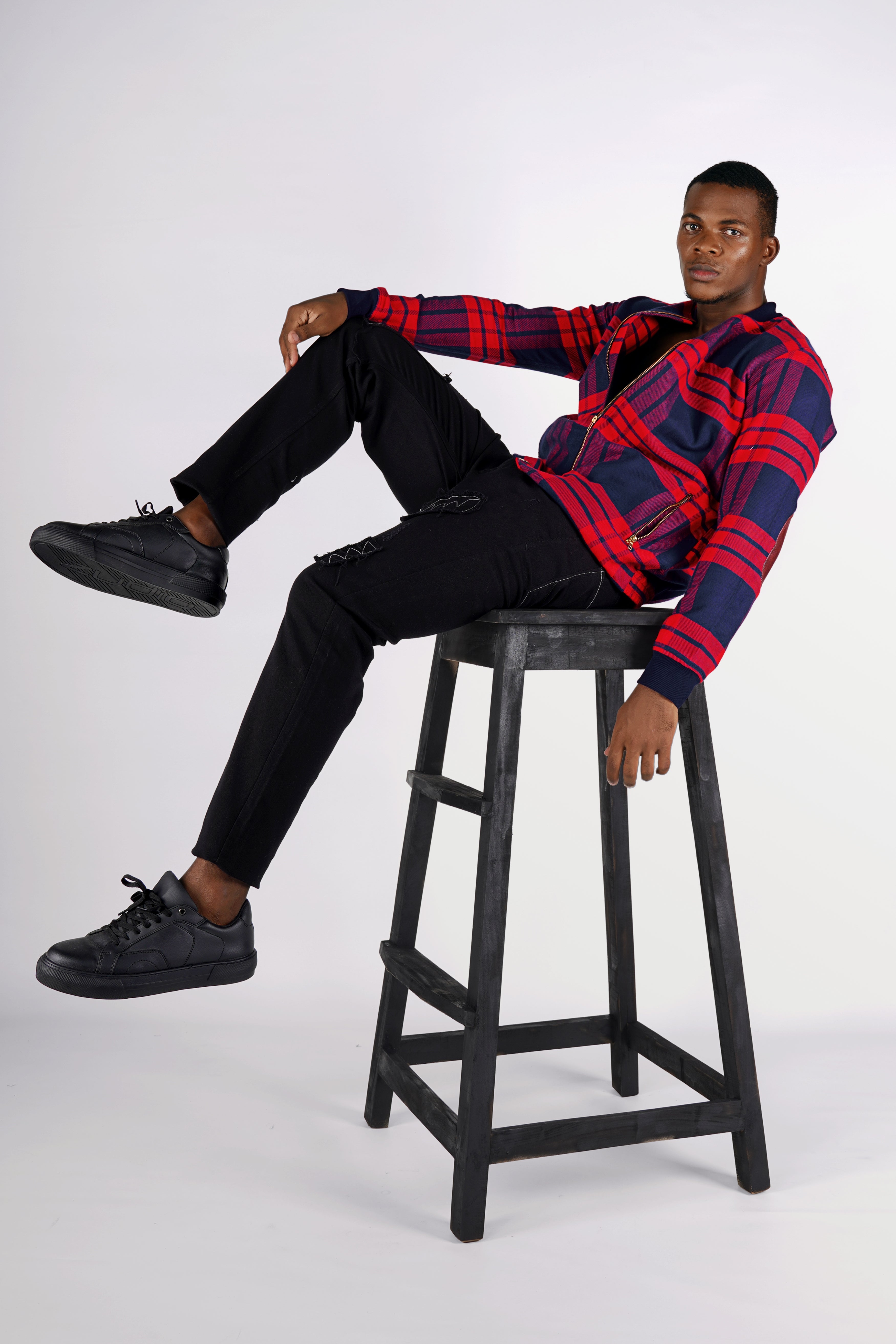 Tuna Blue and Crimson Red Checkered Flannel Bomber Jacket