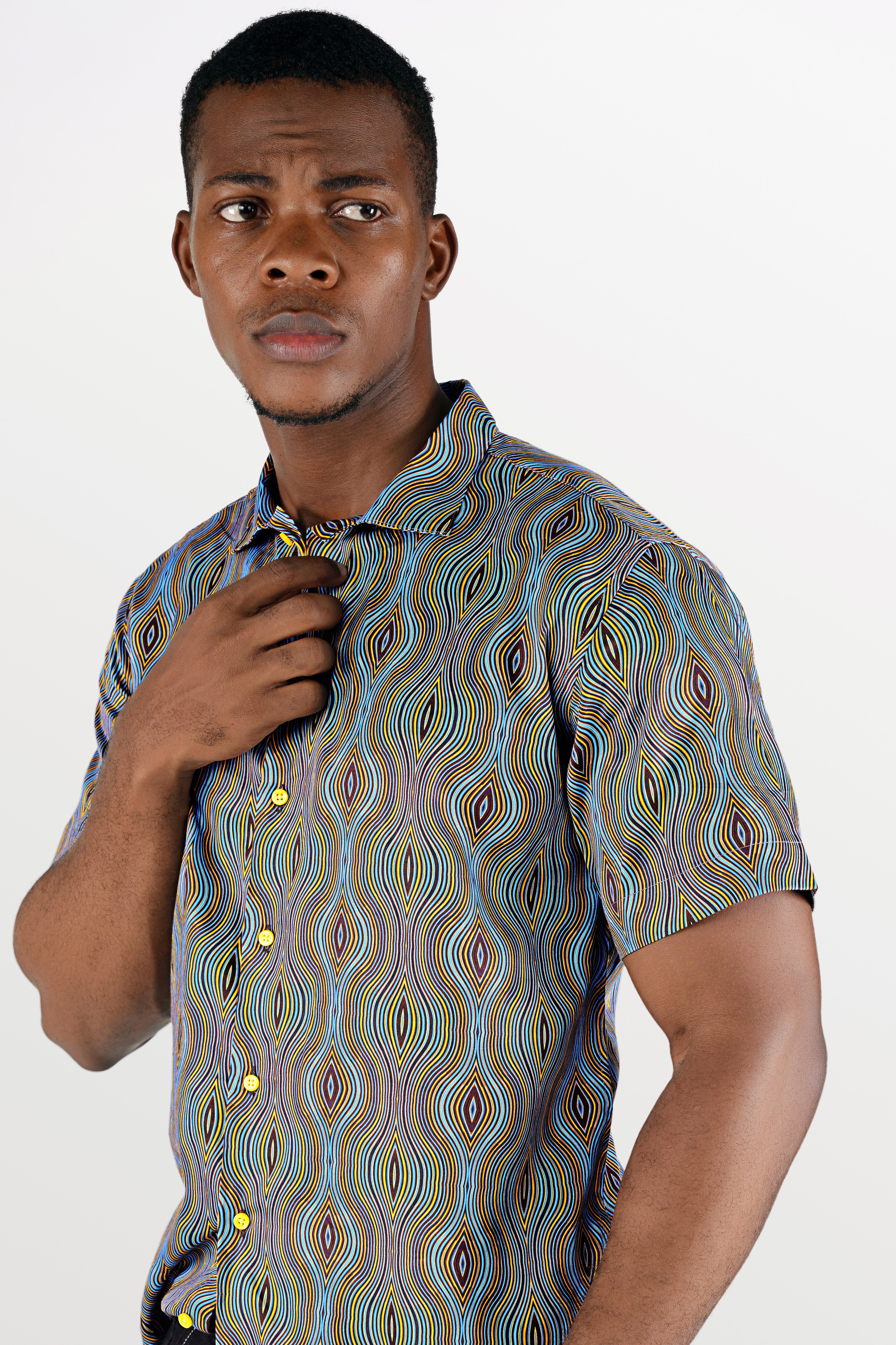 Turquoise Blue with Gorse Yellow and Cab Sav Maroon Waves Printed Super Soft Premium Cotton Shirt