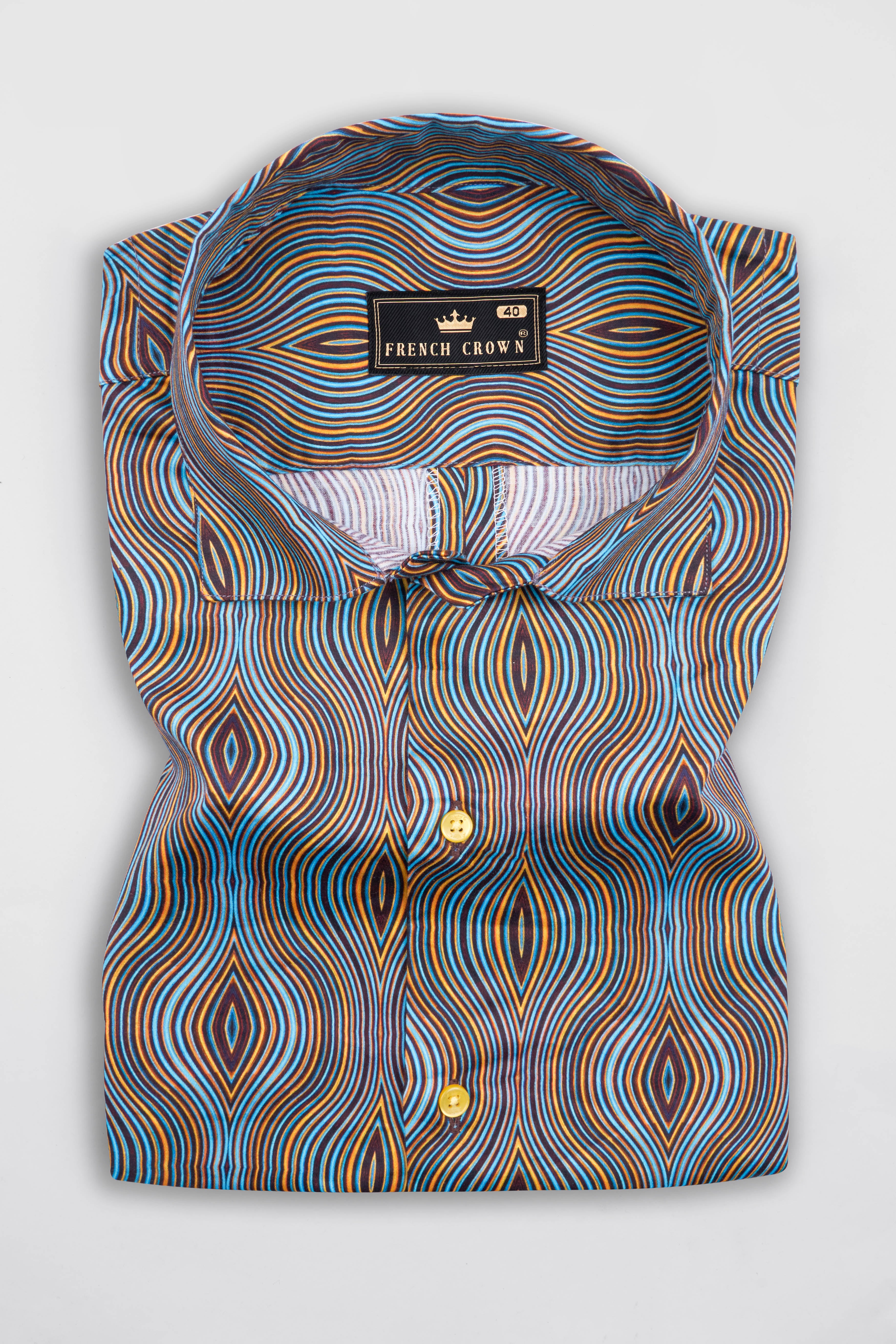 Turquoise Blue with Gorse Yellow and Cab Sav Maroon Waves Printed Super Soft Premium Cotton Shirt