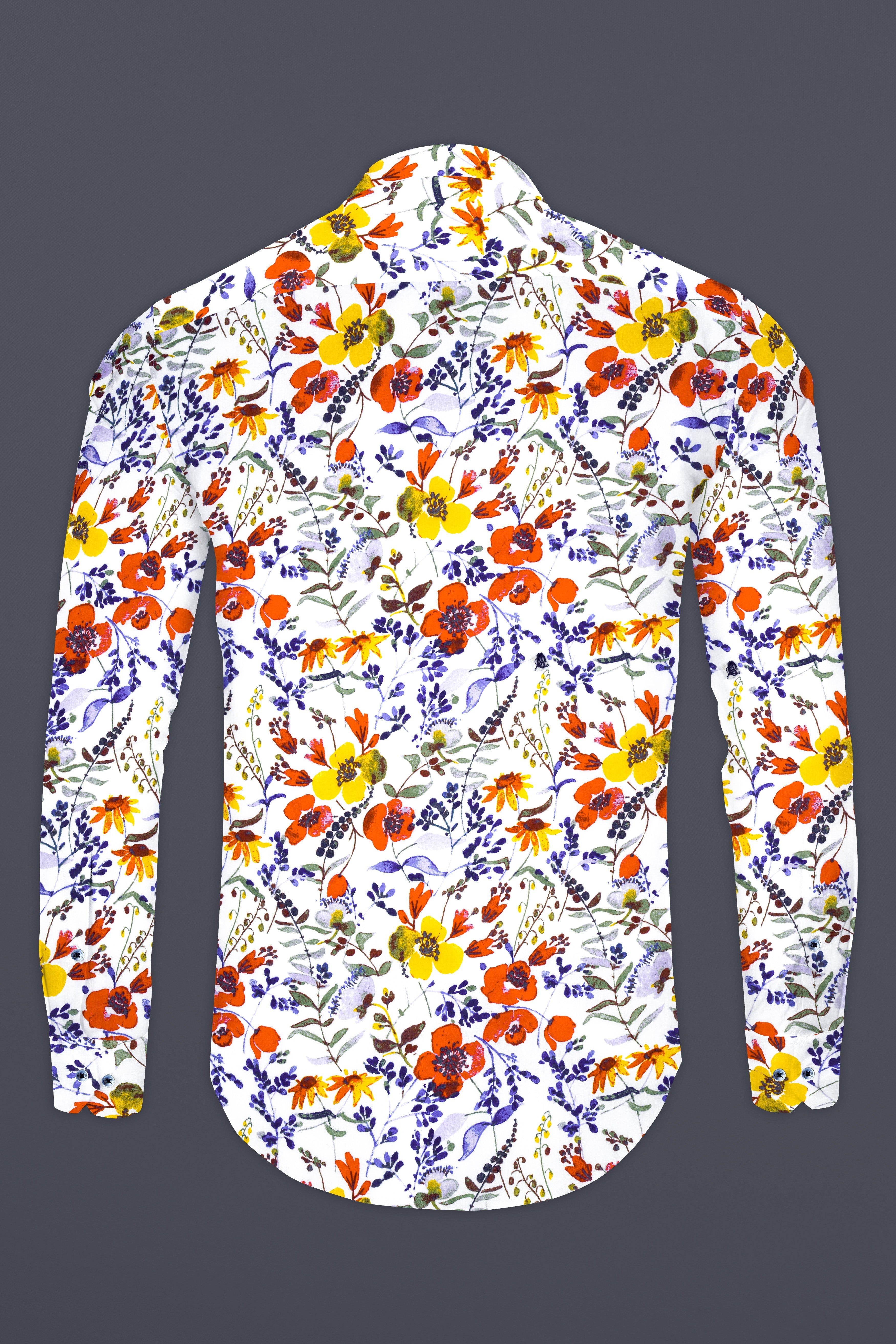 Bright White Multicolour Flower Printed Premium Cotton Shirt