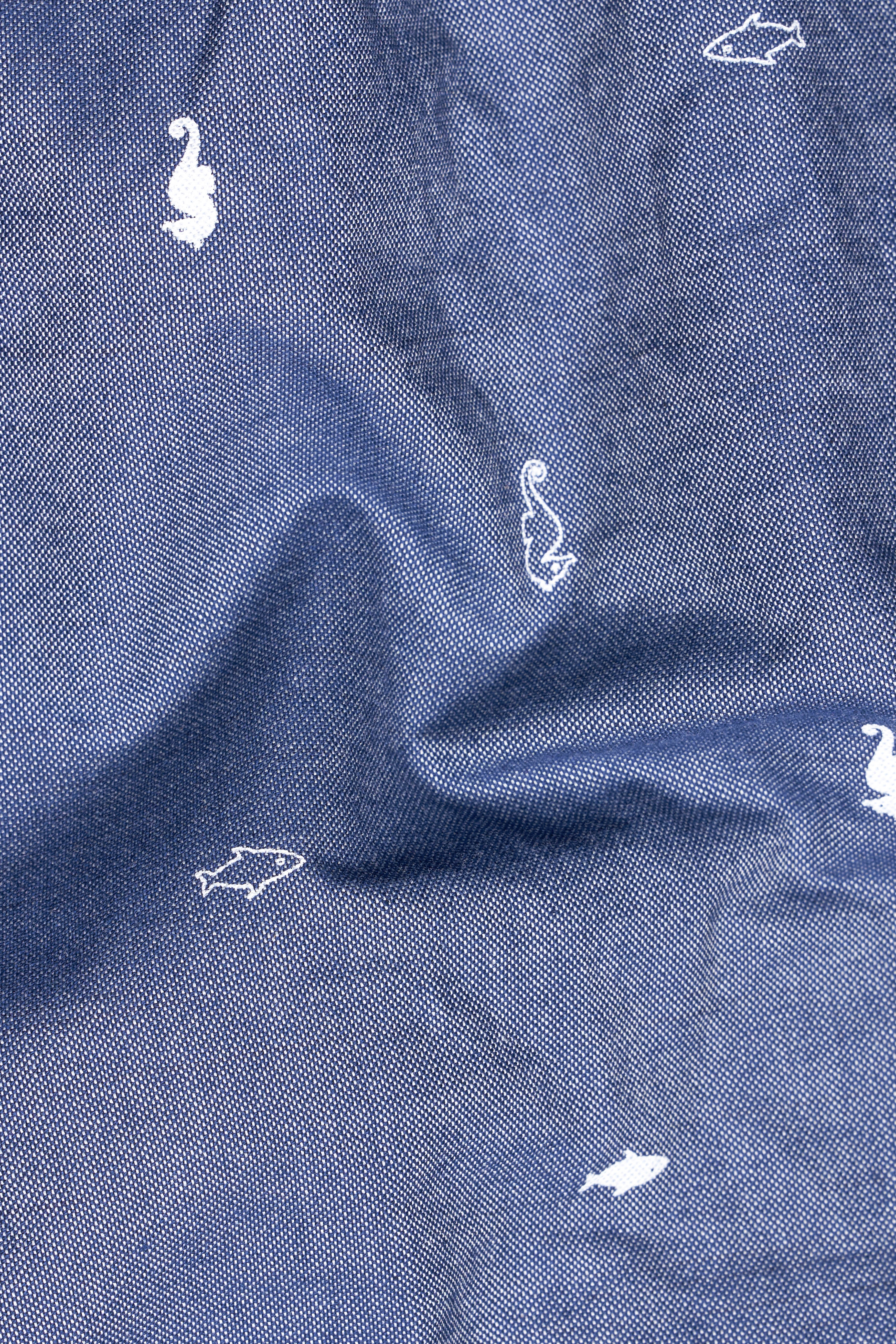 Neptune Blue with Amethyst Gray Floral Printed Denim Designer Shirt