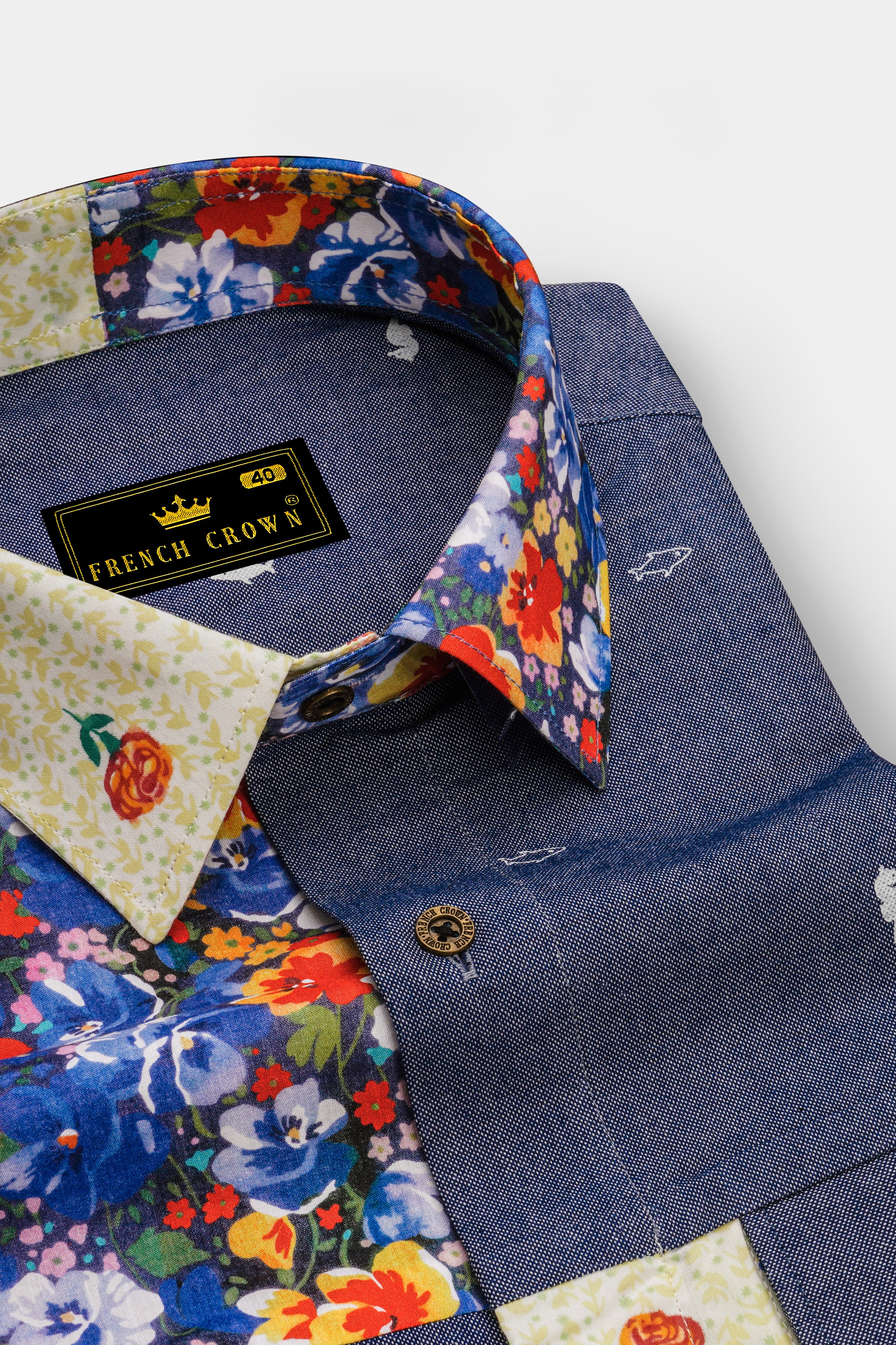 Neptune Blue with Amethyst Gray Floral Printed Denim Designer Shirt