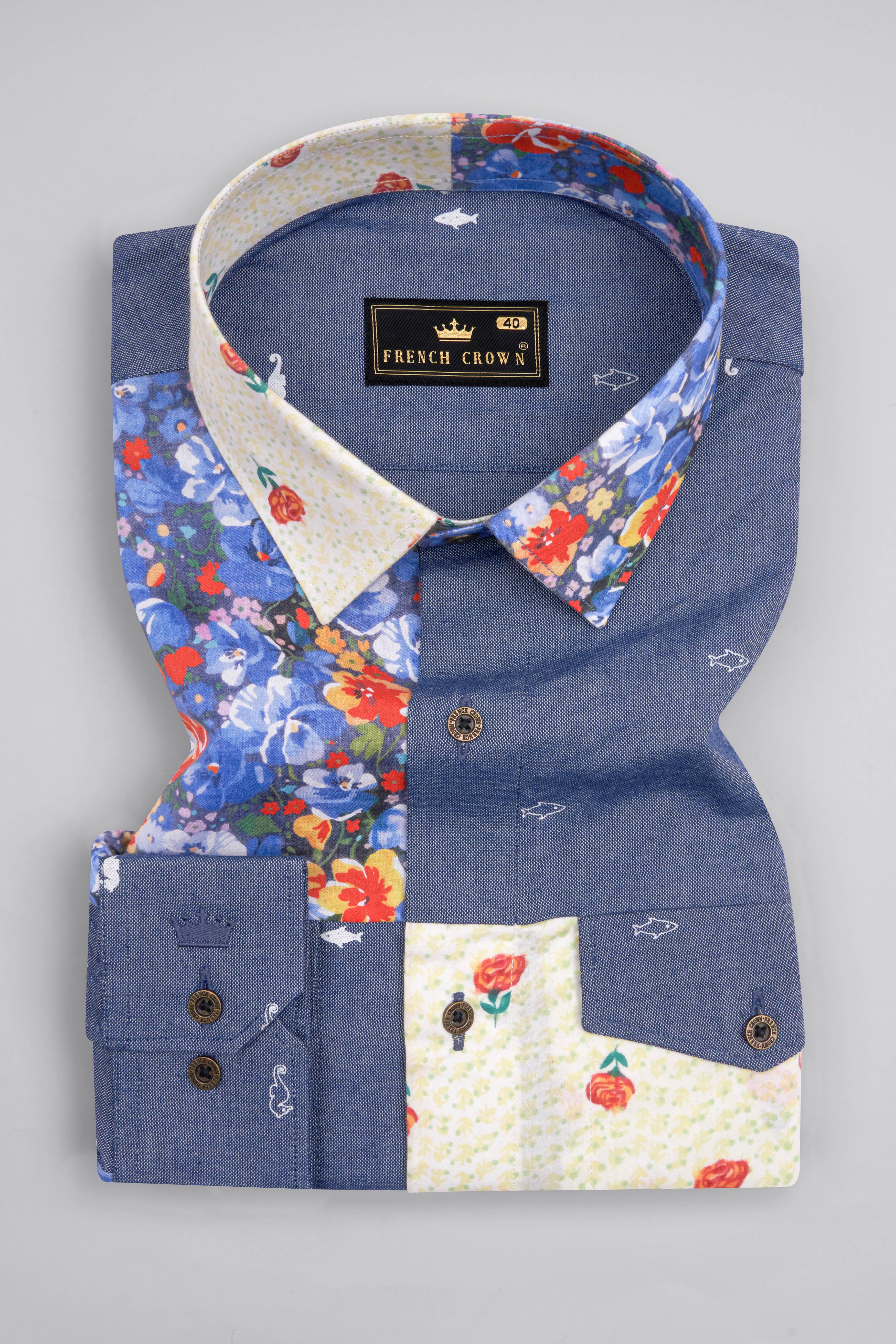 Neptune Blue with Amethyst Gray Floral Printed Denim Designer Shirt