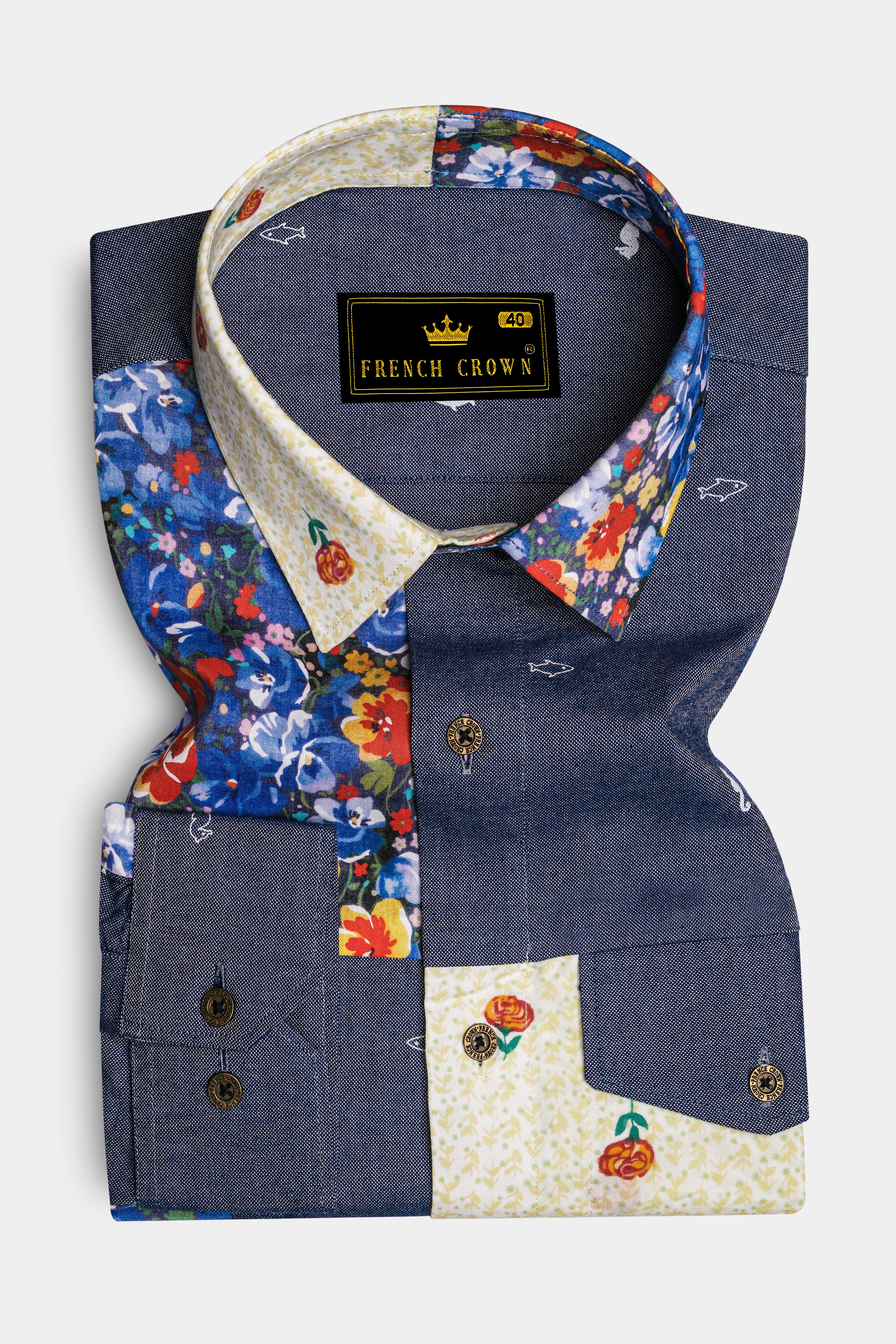 Neptune Blue with Amethyst Gray Floral Printed Denim Designer Shirt