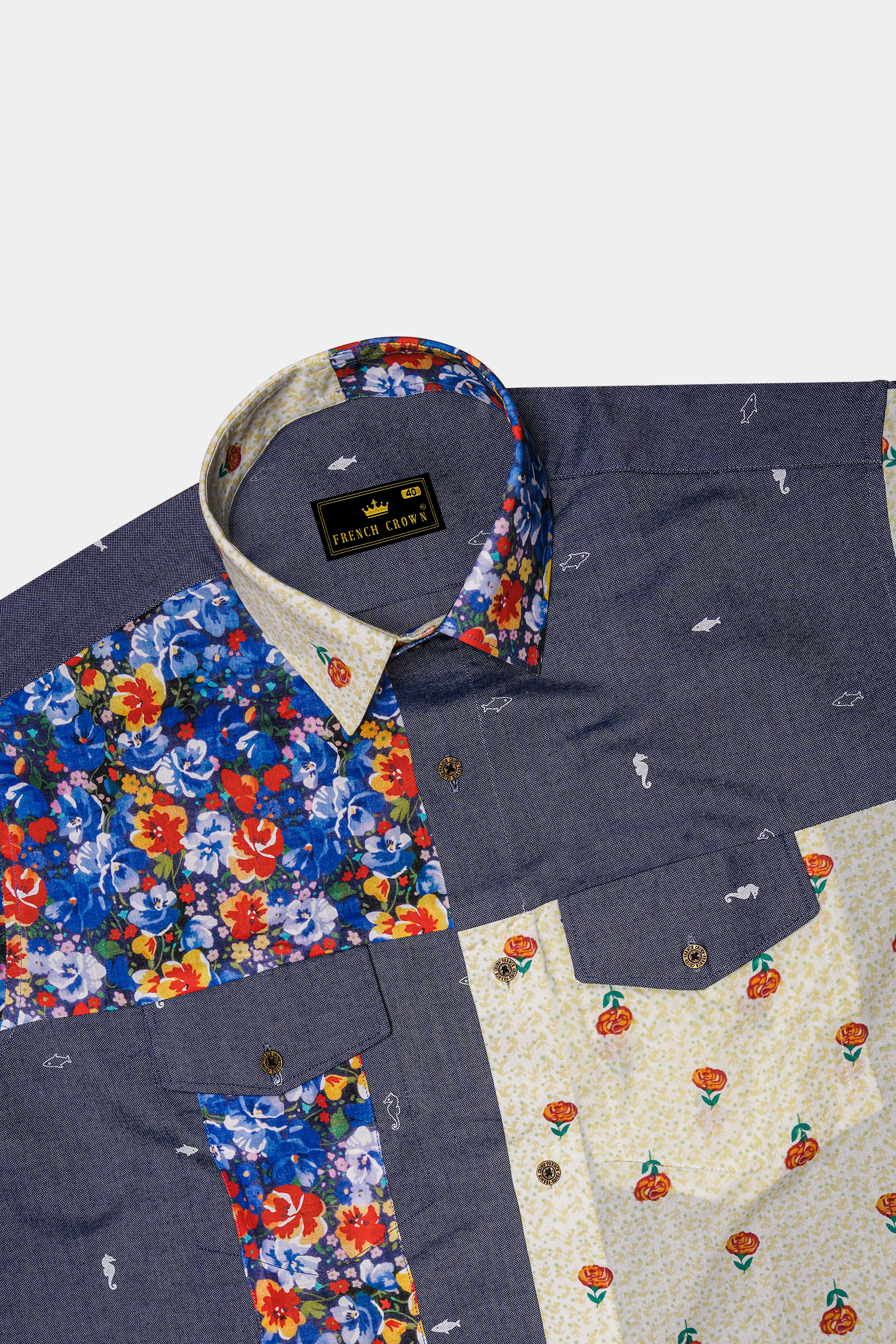 Neptune Blue with Amethyst Gray Floral Printed Denim Designer Shirt