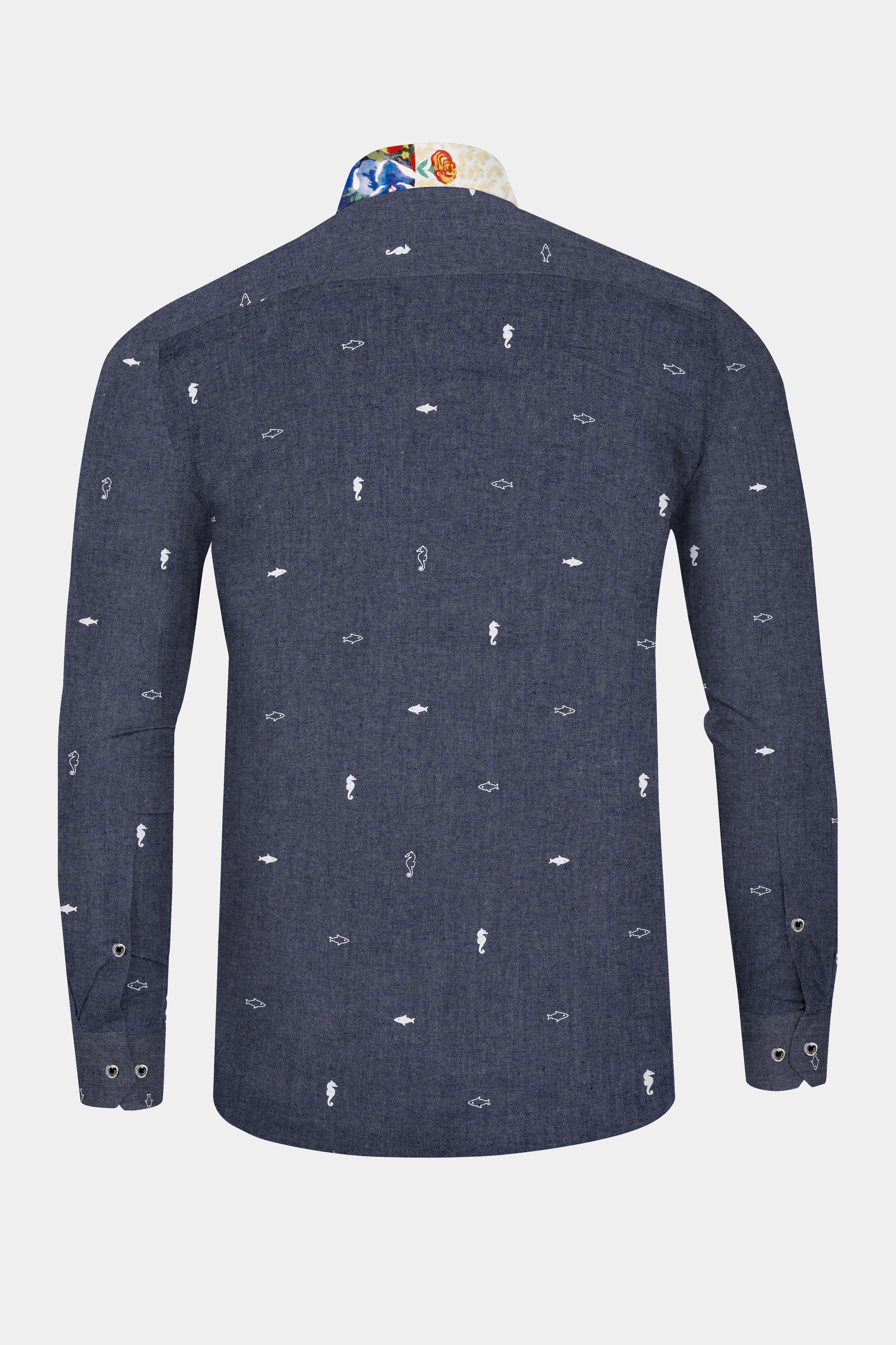 Neptune Blue with Amethyst Gray Floral Printed Denim Designer Shirt