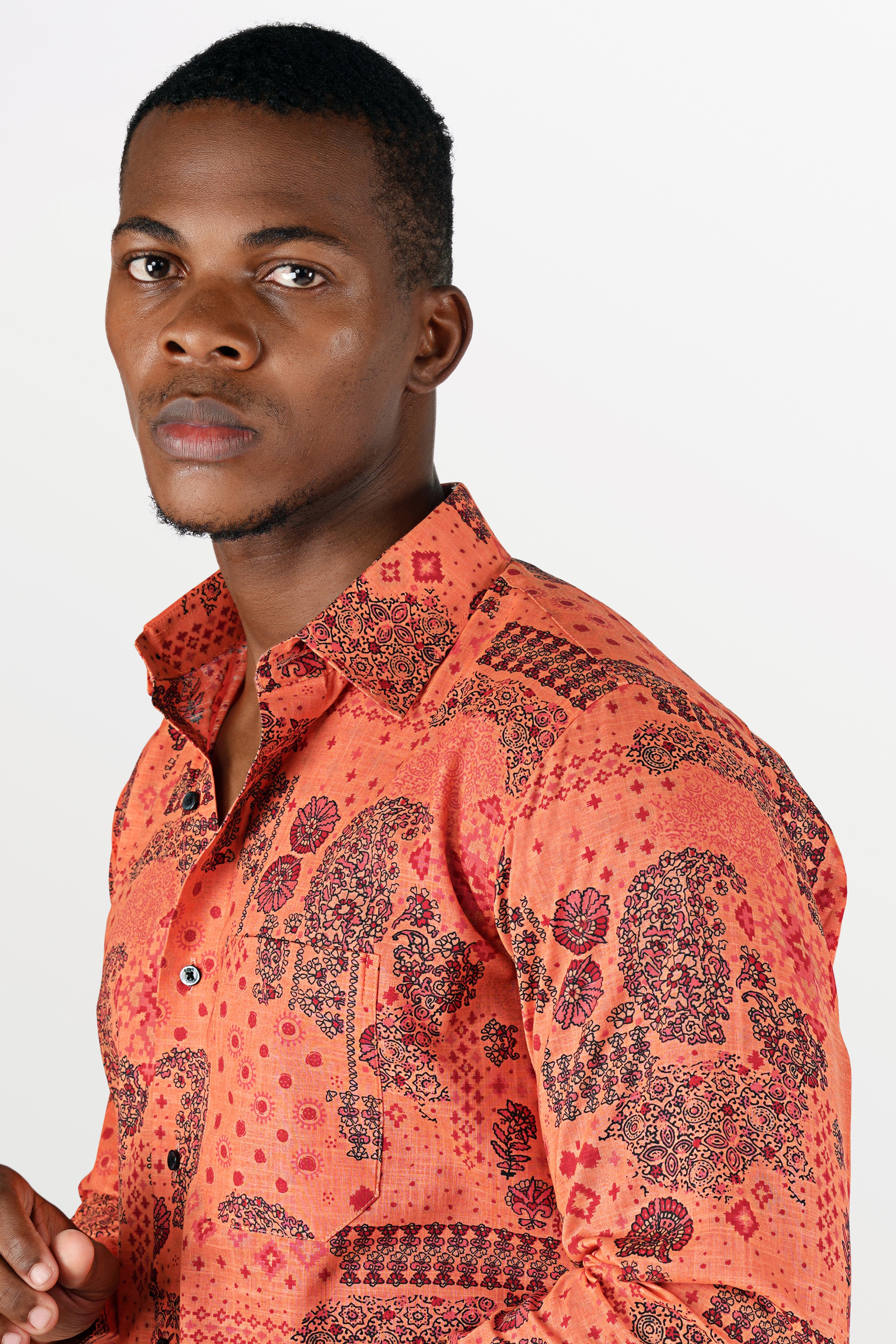 Geraldine Orange Ethnic Printed Chambray Shirt
