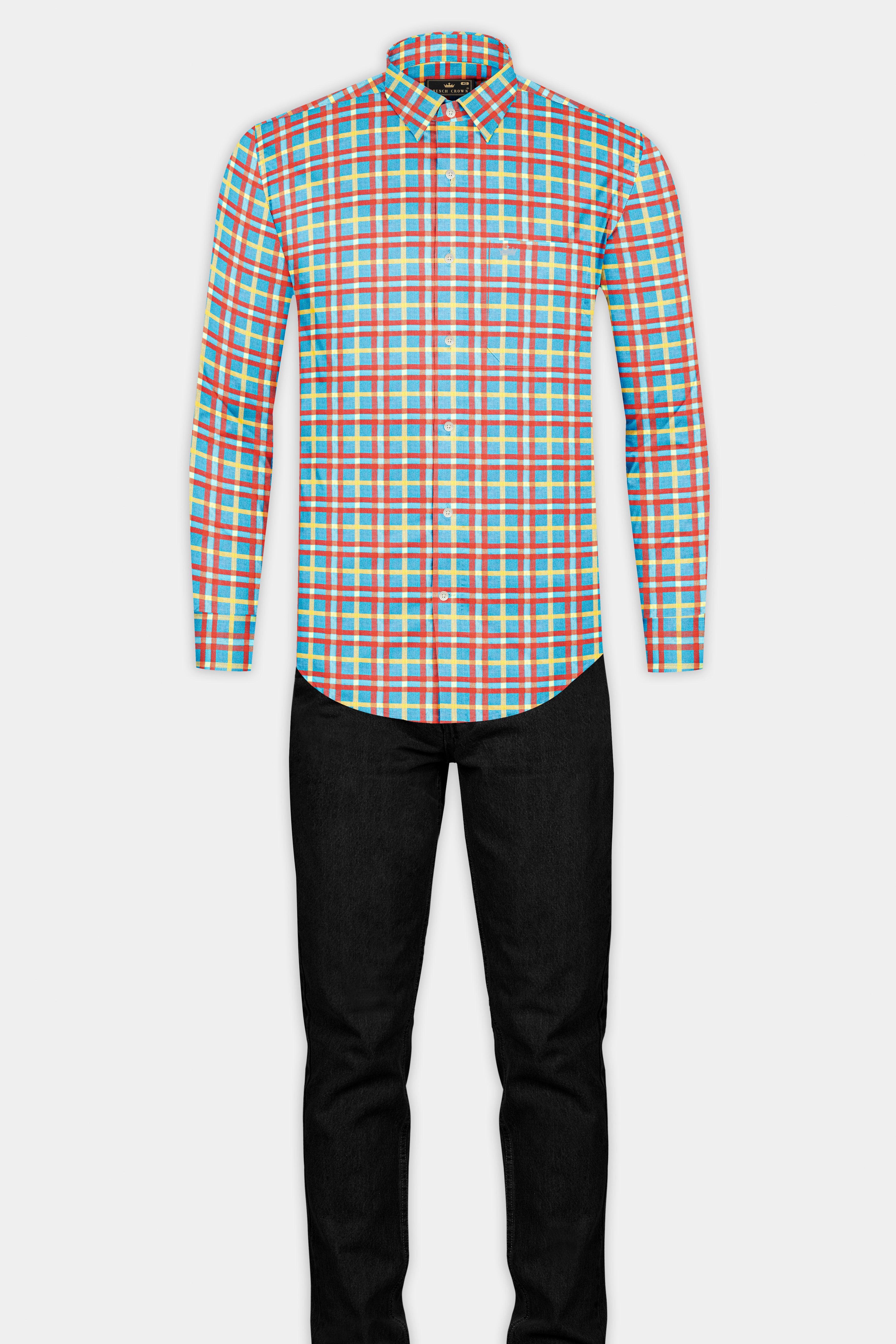 Northern Blue with Jasmine Yellow and Cadmium Orange Checkered Flannel Shirt