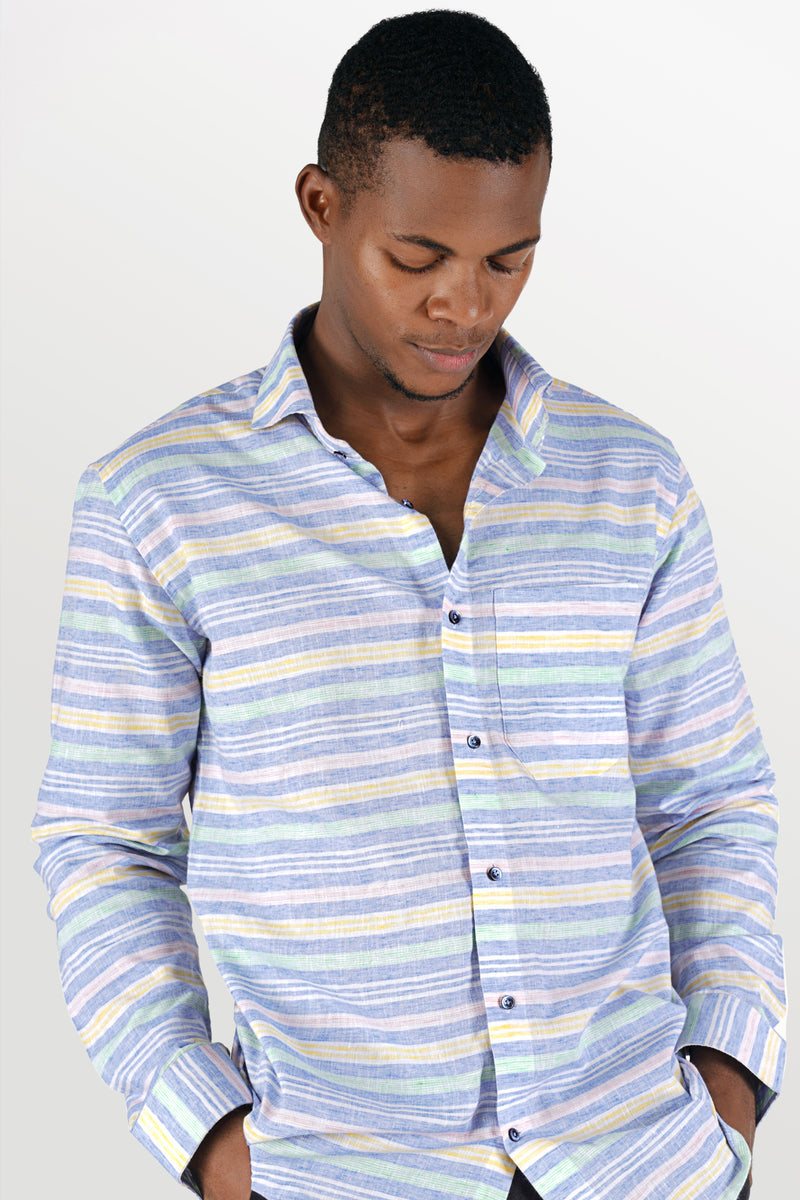 WISTFUL BLUE WITH MARZIPAN YELLOW STRIPED CHAMBRAY SHIRT