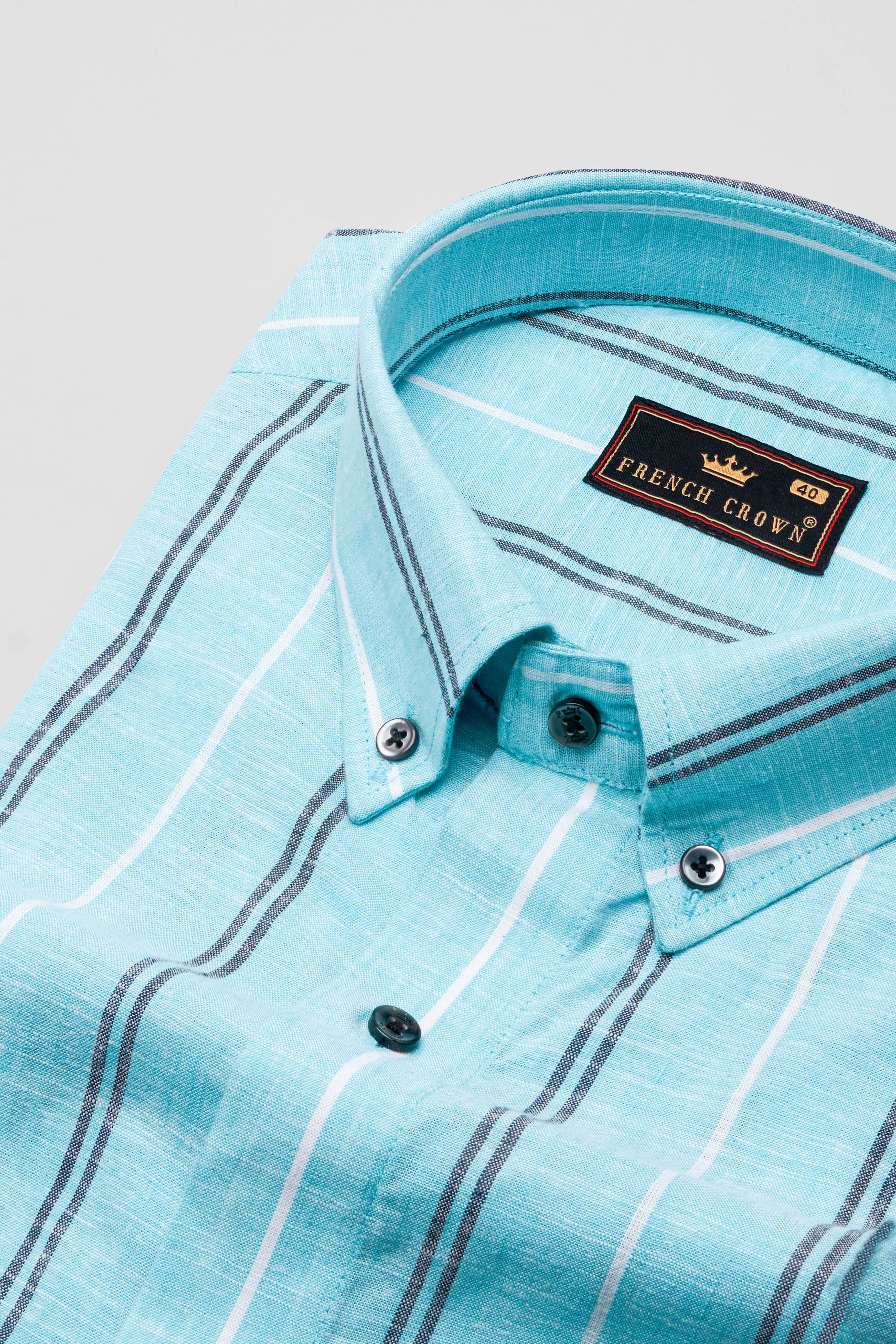 Pale Aqua Blue with Black and White Striped Luxurious Linen Shirt