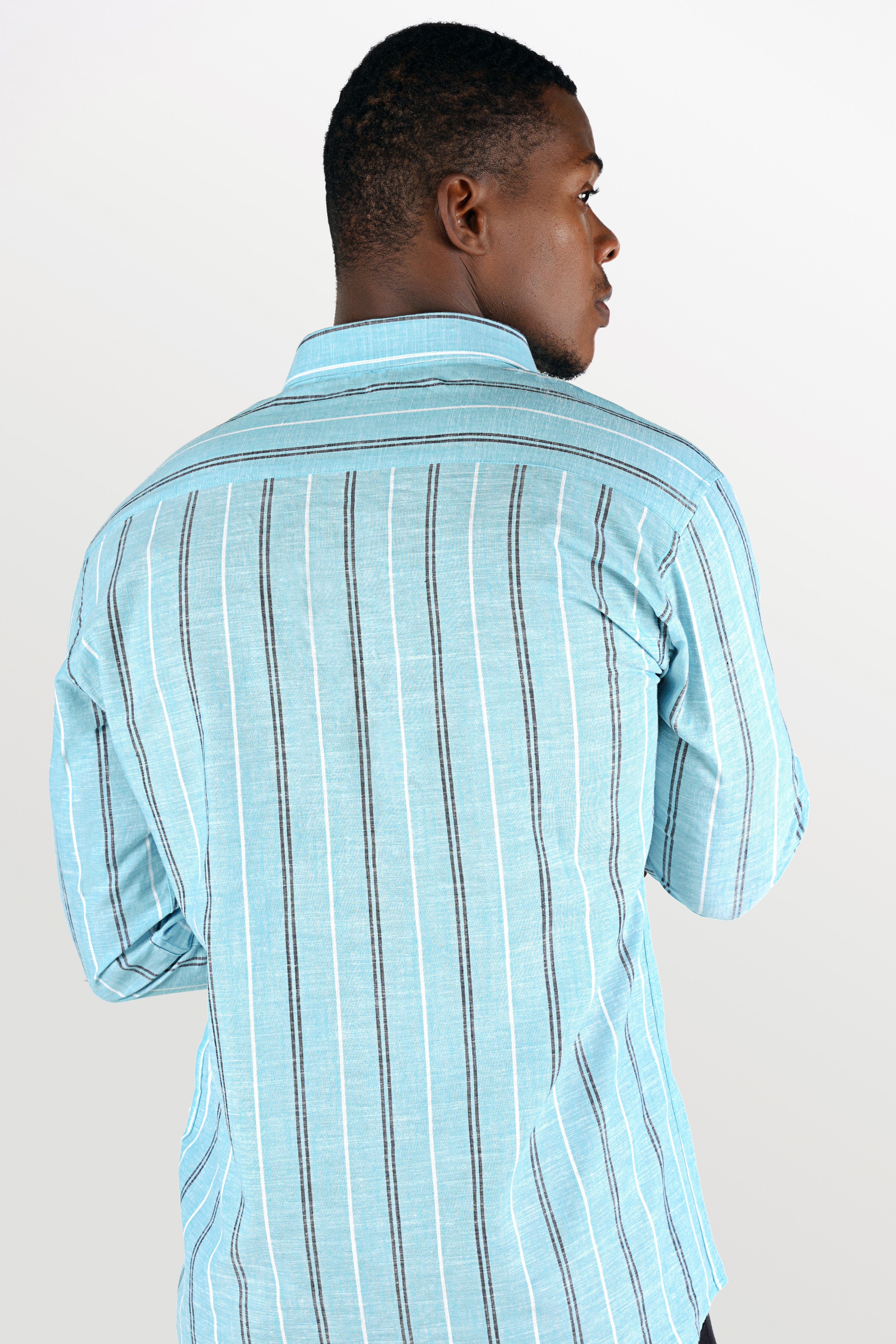 Pale Aqua Blue with Black and White Striped Luxurious Linen Shirt