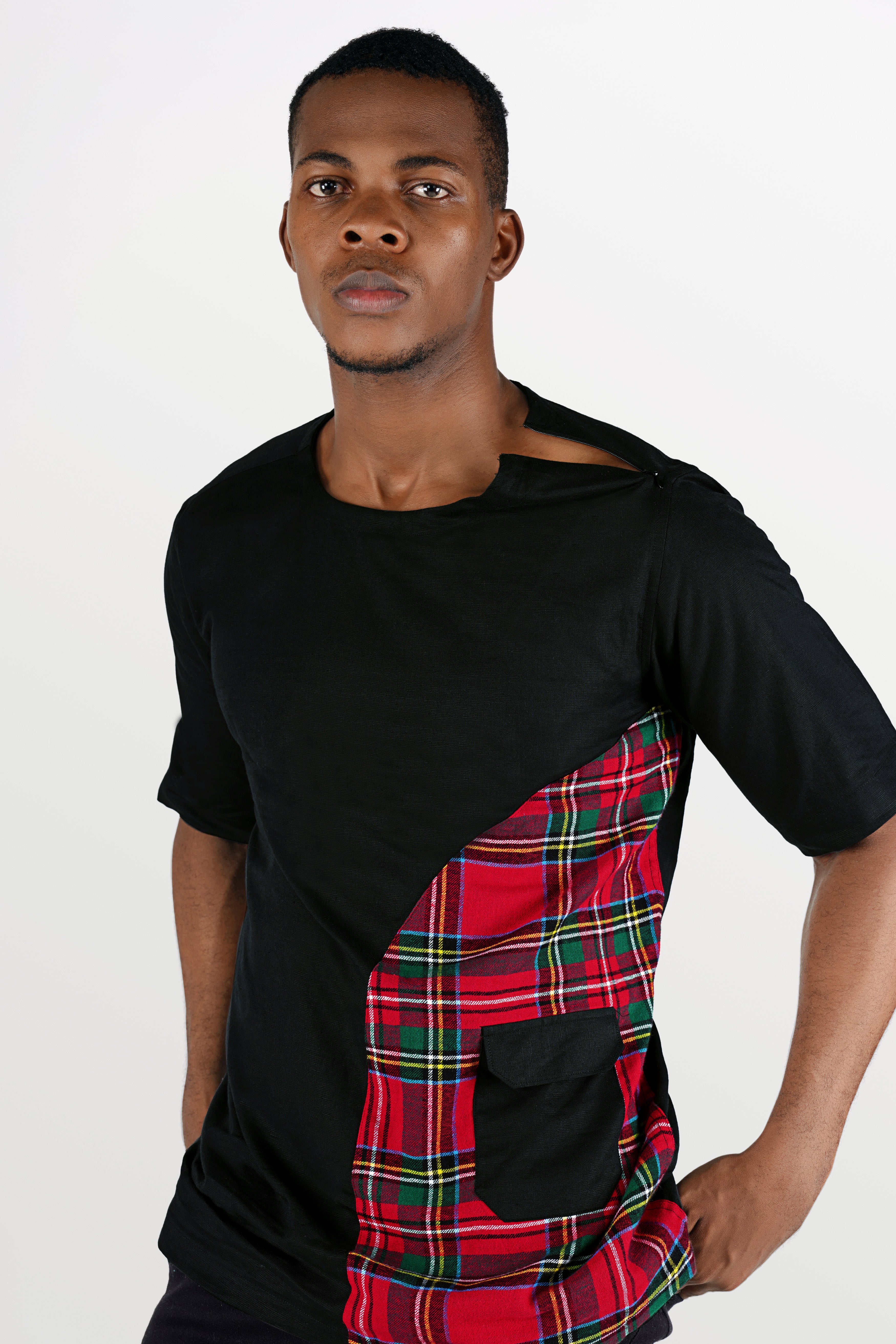 Jade Black with Carmine Red and Pine Green Checkered Luxurious Linen Designer Bush Shirt