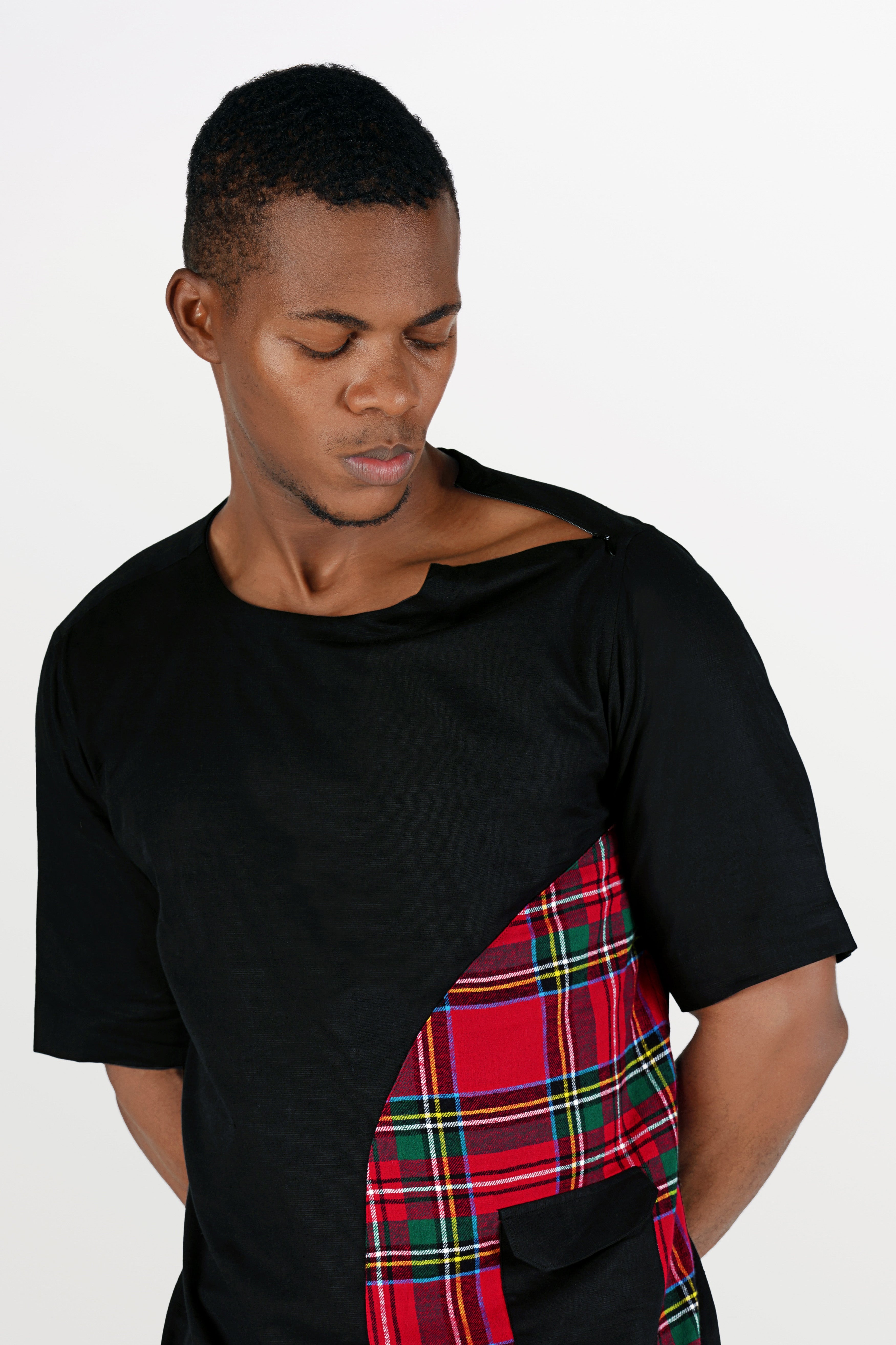 Jade Black with Carmine Red and Pine Green Checkered Luxurious Linen Designer Bush Shirt